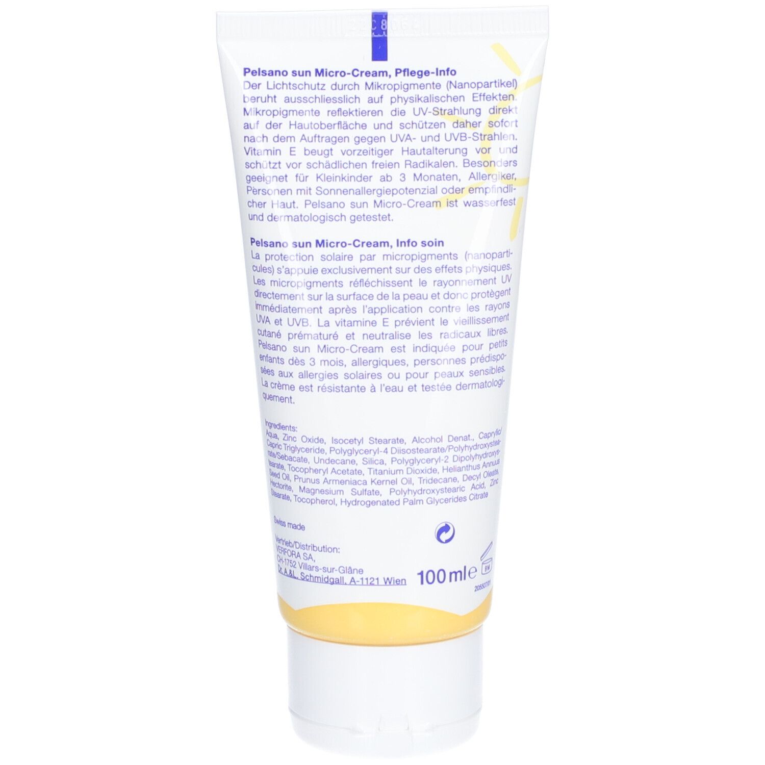 Rückseite der Tube. Text in Deutsch und Französisch. Inhaltsstoffe und Pflegehinweise. 100 ml.