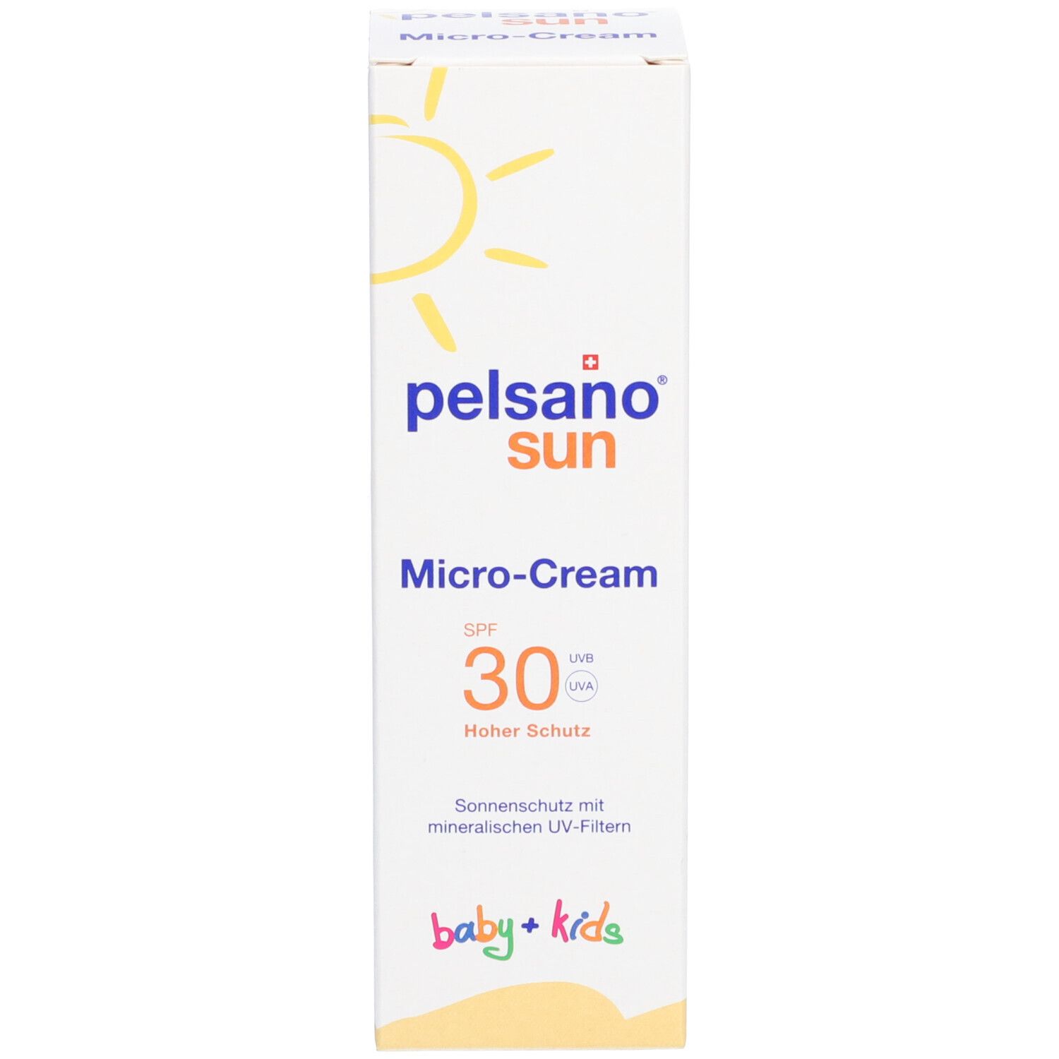 Weiße Schachtel mit gelbem Sonnenlogo. Aufschrift: PELSANO sun Micro-Cream SPF 30 Baby+Kids. Sonnen- und UV-Schutz.