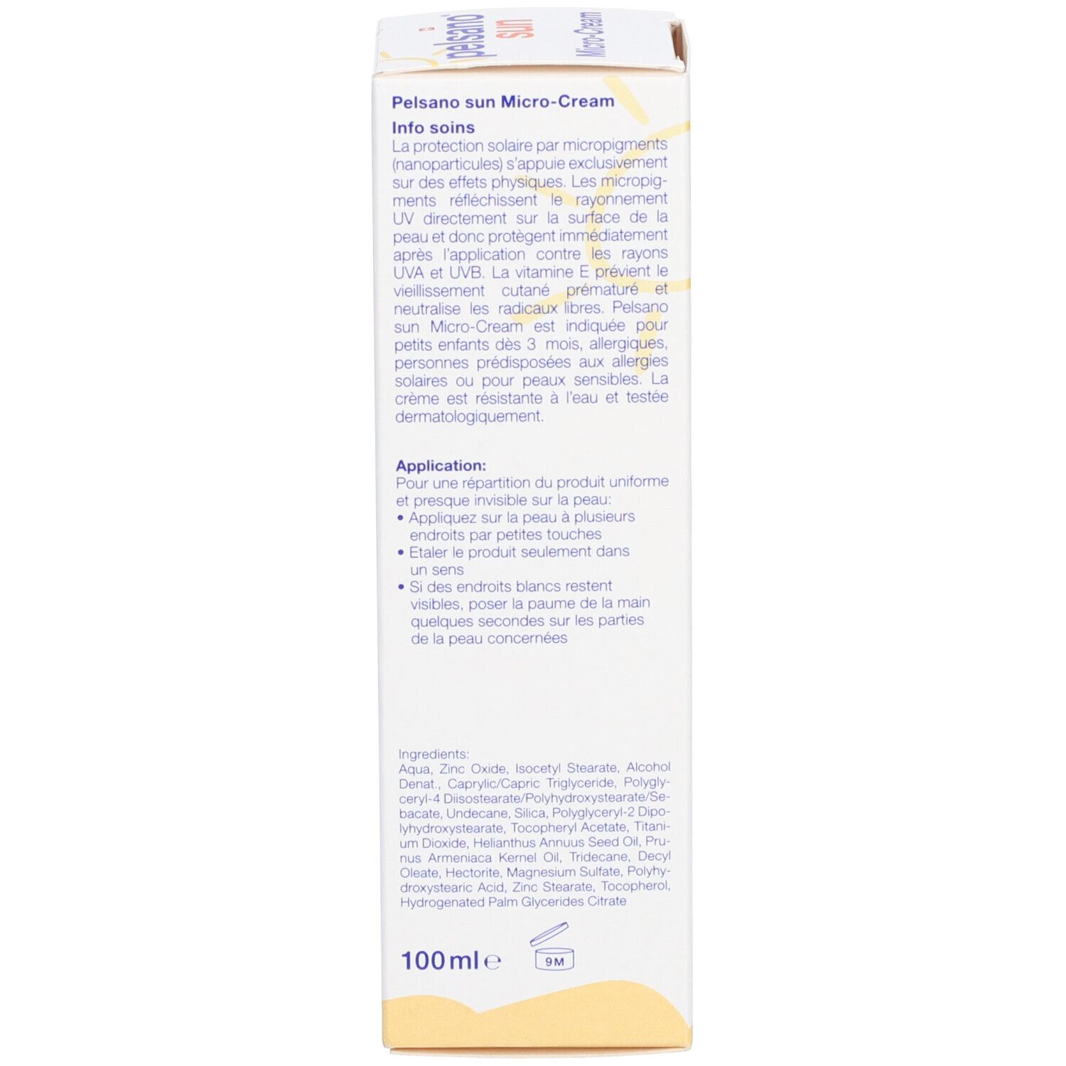Rückseite der Schachtel. Text in Deutsch und Französisch. Anwendungshinweise und Inhaltsstoffe. 100 ml.