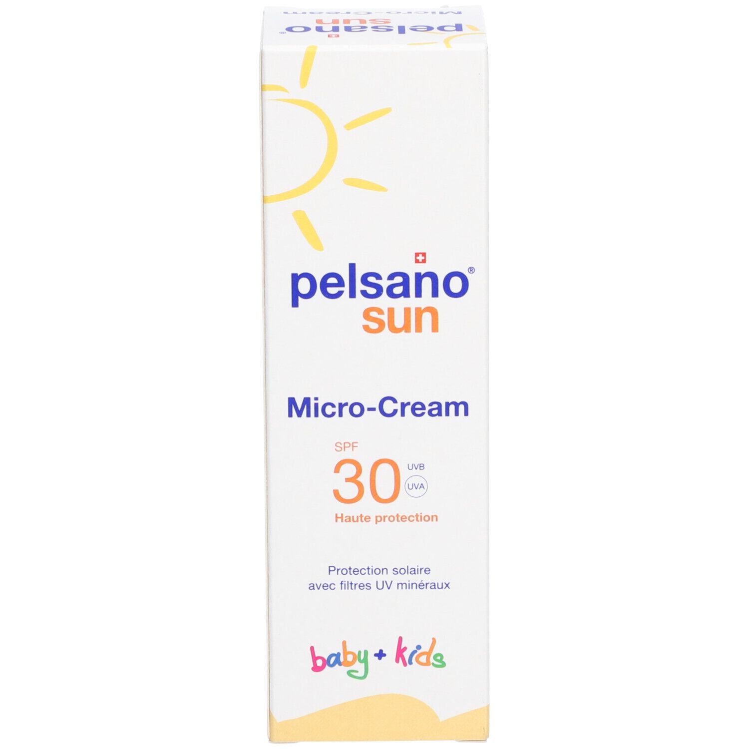 Weiße Schachtel mit gelbem Sonnenlogo. Aufschrift: PELSANO sun Micro-Cream SPF 30 Baby+Kids. Hoher Schutz.