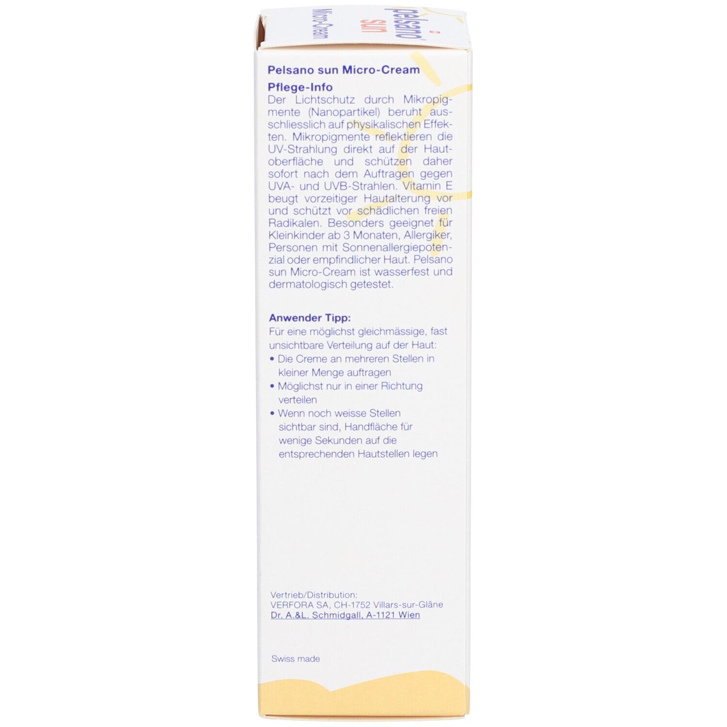 Rückseite der Schachtel. Text in Deutsch und Französisch. Anwendungshinweise und Inhaltsstoffe. 100 ml.
