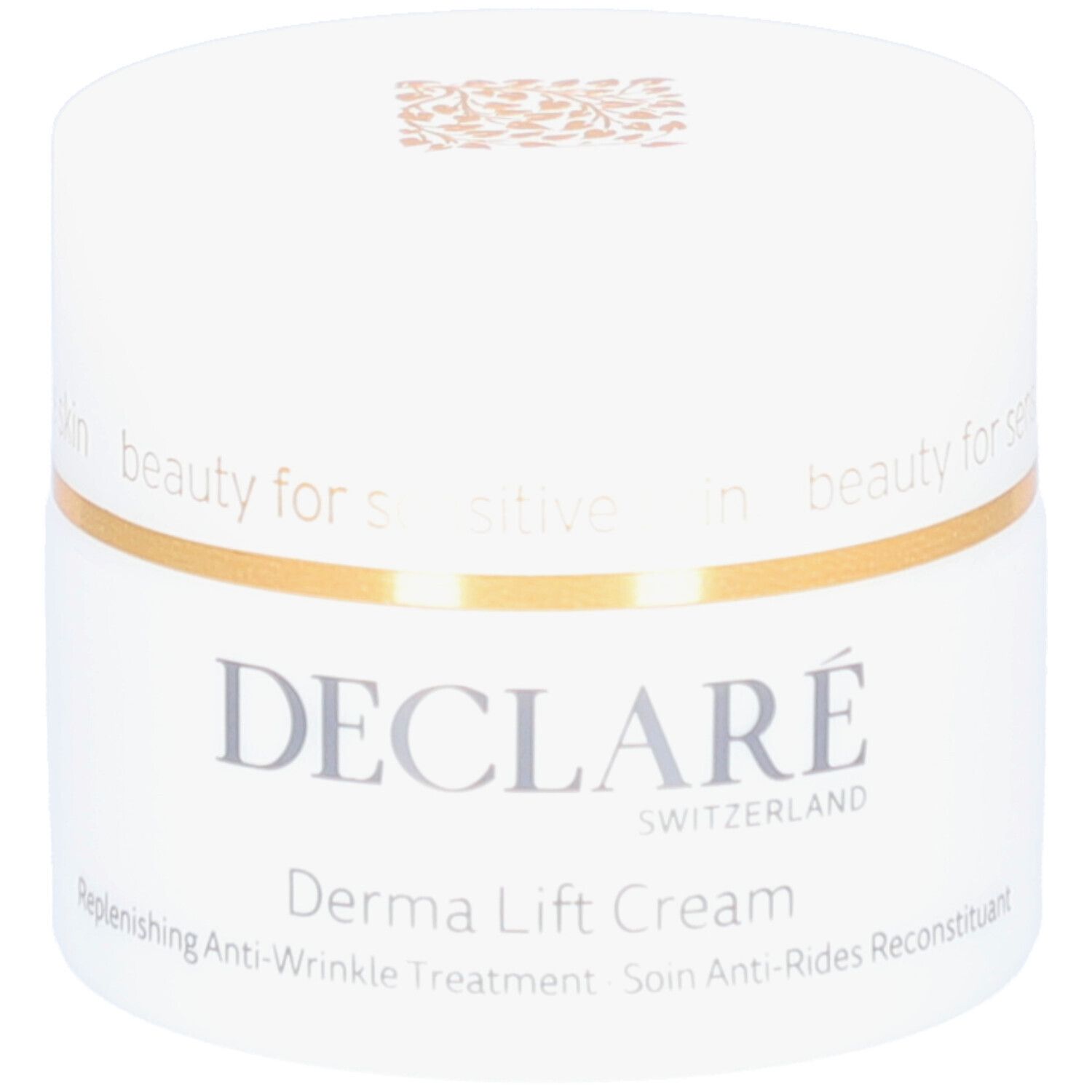 Pot blanc avec anneau doré. Inscription : DECLARÉ SWITZERLAND, Derma Lift Cream. Texte : Replenishing Anti-Wrinkle Treatment.