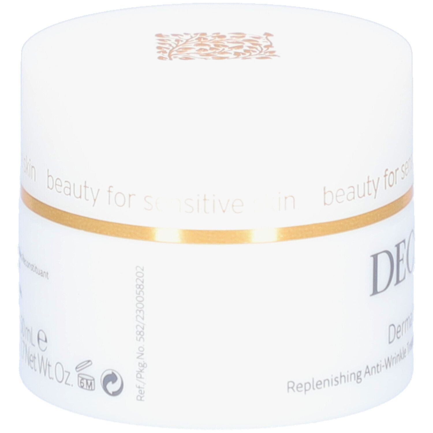 Pot blanc avec anneau doré. Inscription : DECLARÉ. Texte : Derma Lift Cream, Replenishing Anti-Wrinkle Treatment. Texte au dos.