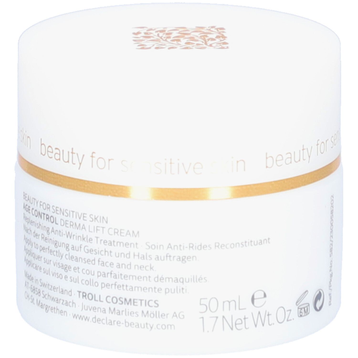 Pot blanc avec couvercle doré. Inscription : DECLARÉ, Derma Lift Cream. Texte : Traitement anti-rides.