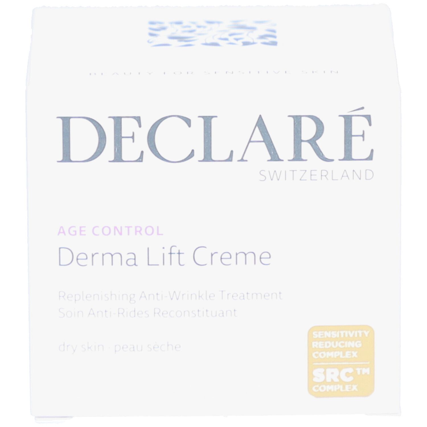 Emballage blanc avec inscription : DECLARÉ SWITZERLAND, Age Control Derma Lift Creme. Texte : Replenishing Anti-Wrinkle Treatment.
