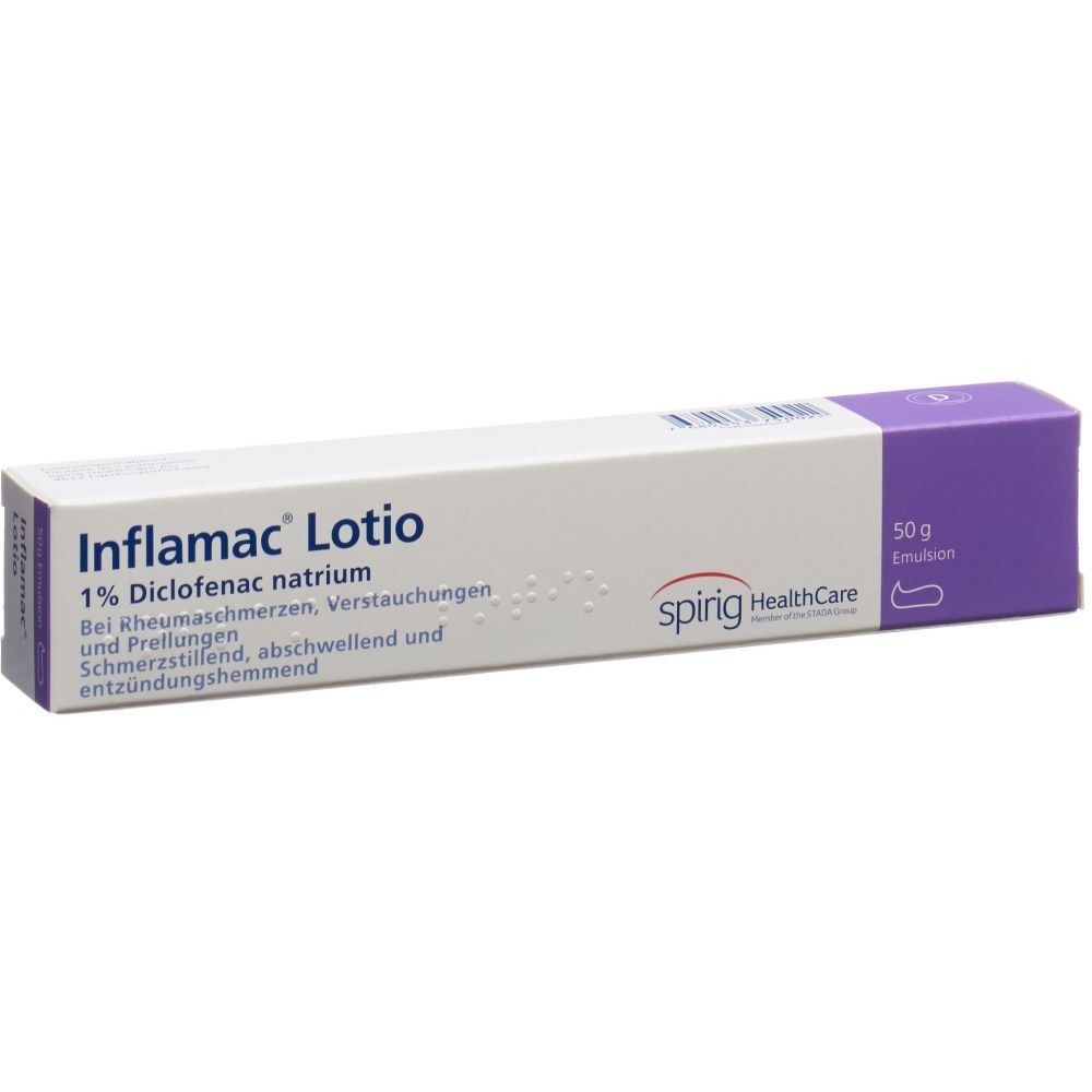 Weiß-lila Tube mit Produktnamen und Inhaltsangabe. Enthält 1% Diclofenac natrium. 50g Emulsion. Marke: spirig HealthCare.