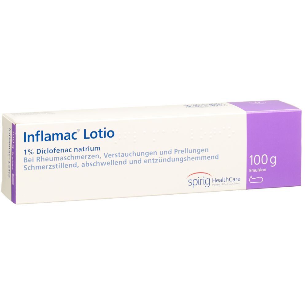 Weiß-lila Schachtel. Aufschrift: Inflamac Lotio, 1% Diclofenac natrium. Spirig HealthCare. 100 g. Emulsion. Bei Rheumaschmerzen, Verstauchungen.