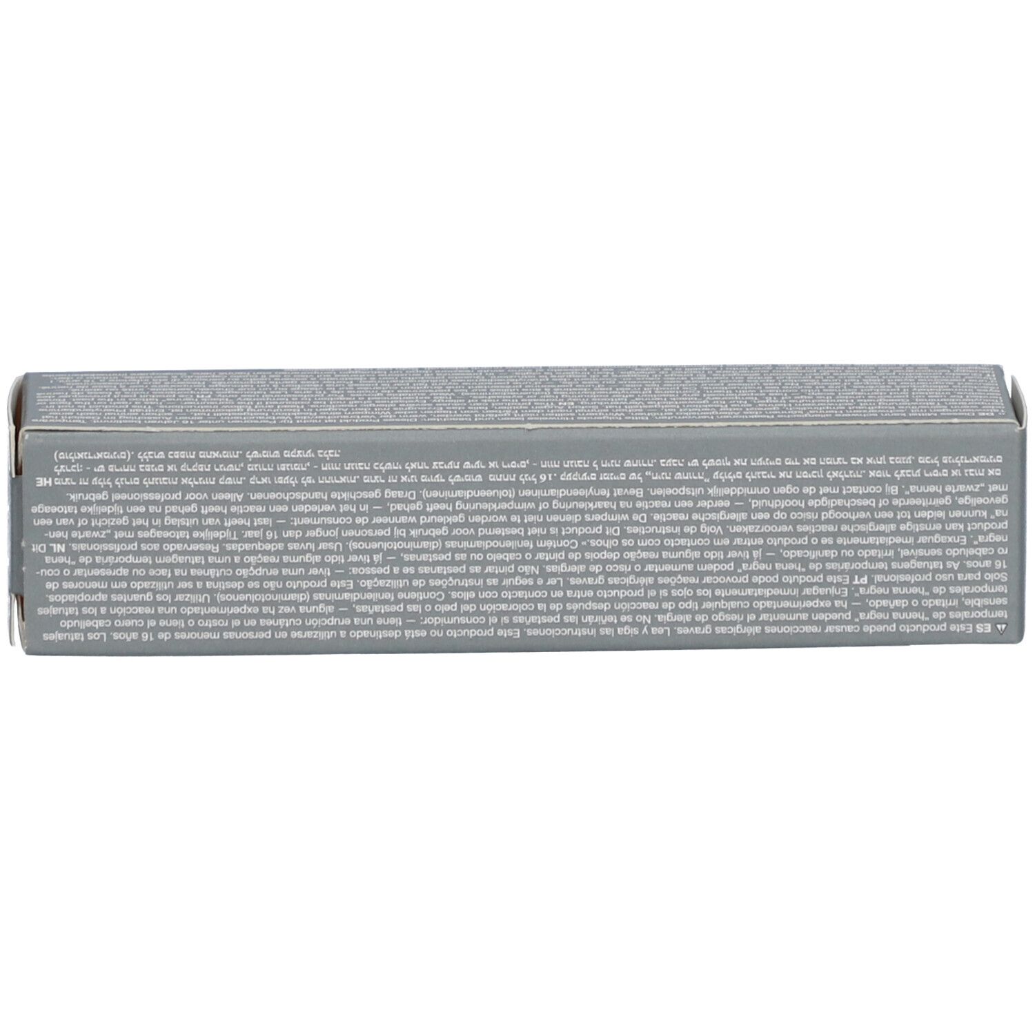 Boîte grise. Inscription : texte, ingrédients.