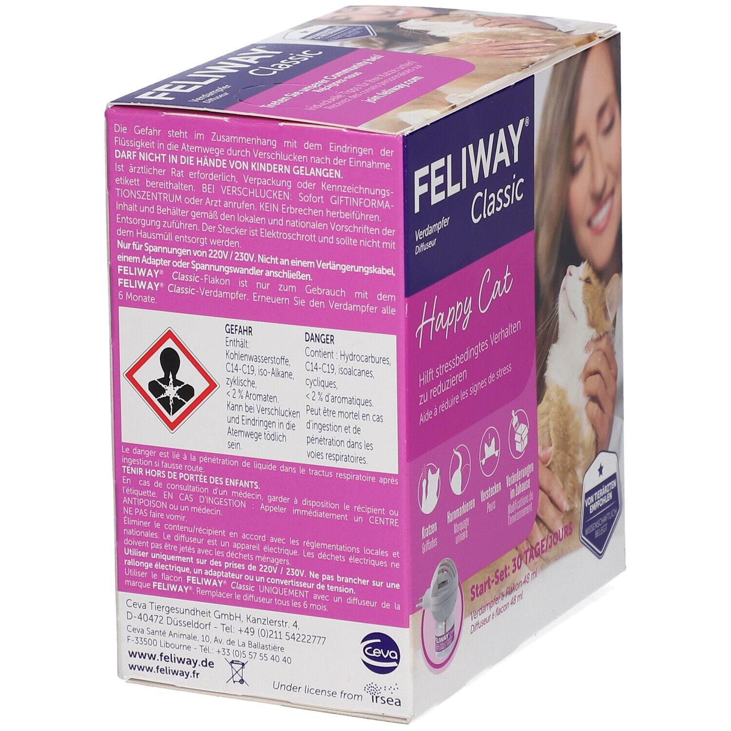 Arrière de l'emballage Feliway Classic Happy Cat avec instructions d'utilisation et pictogrammes de danger.