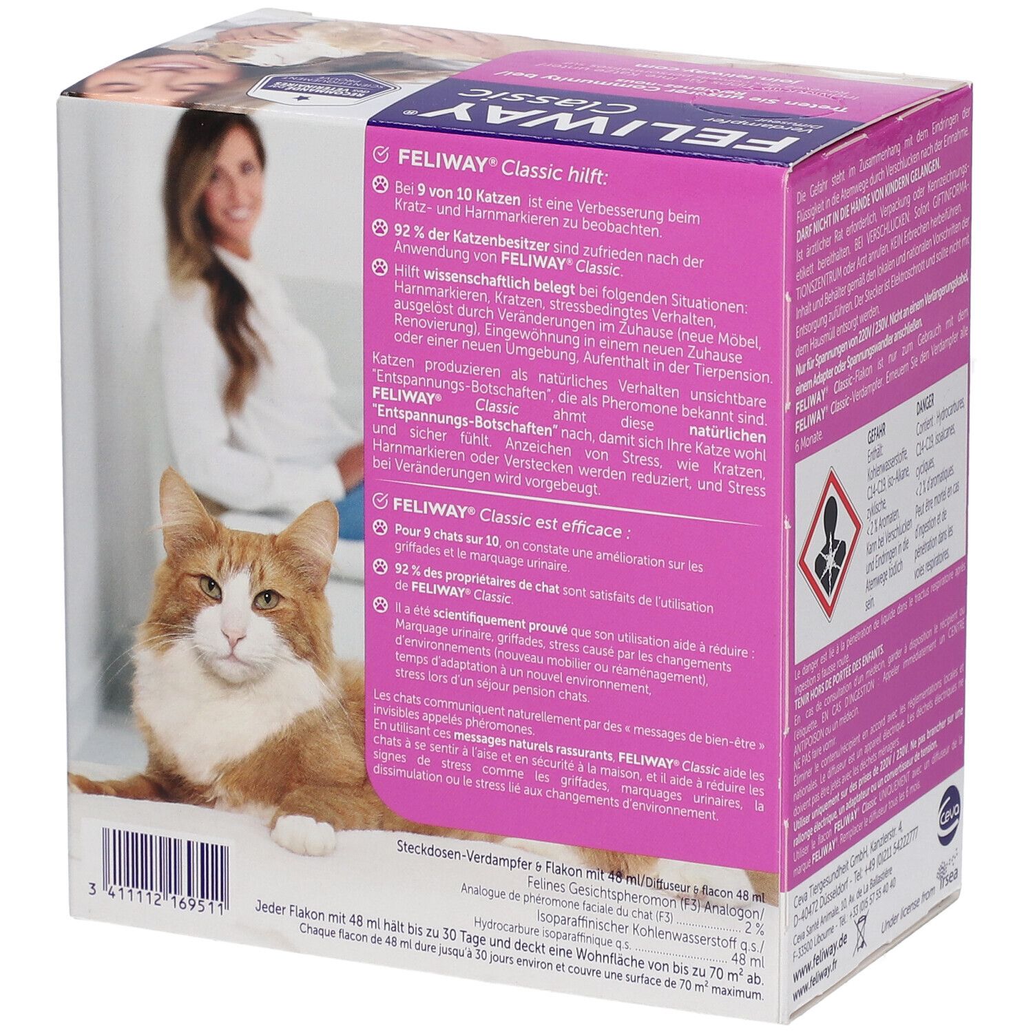 Vue latérale de l'emballage Feliway Classic Happy Cat avec informations sur l'efficacité et un chat assis.