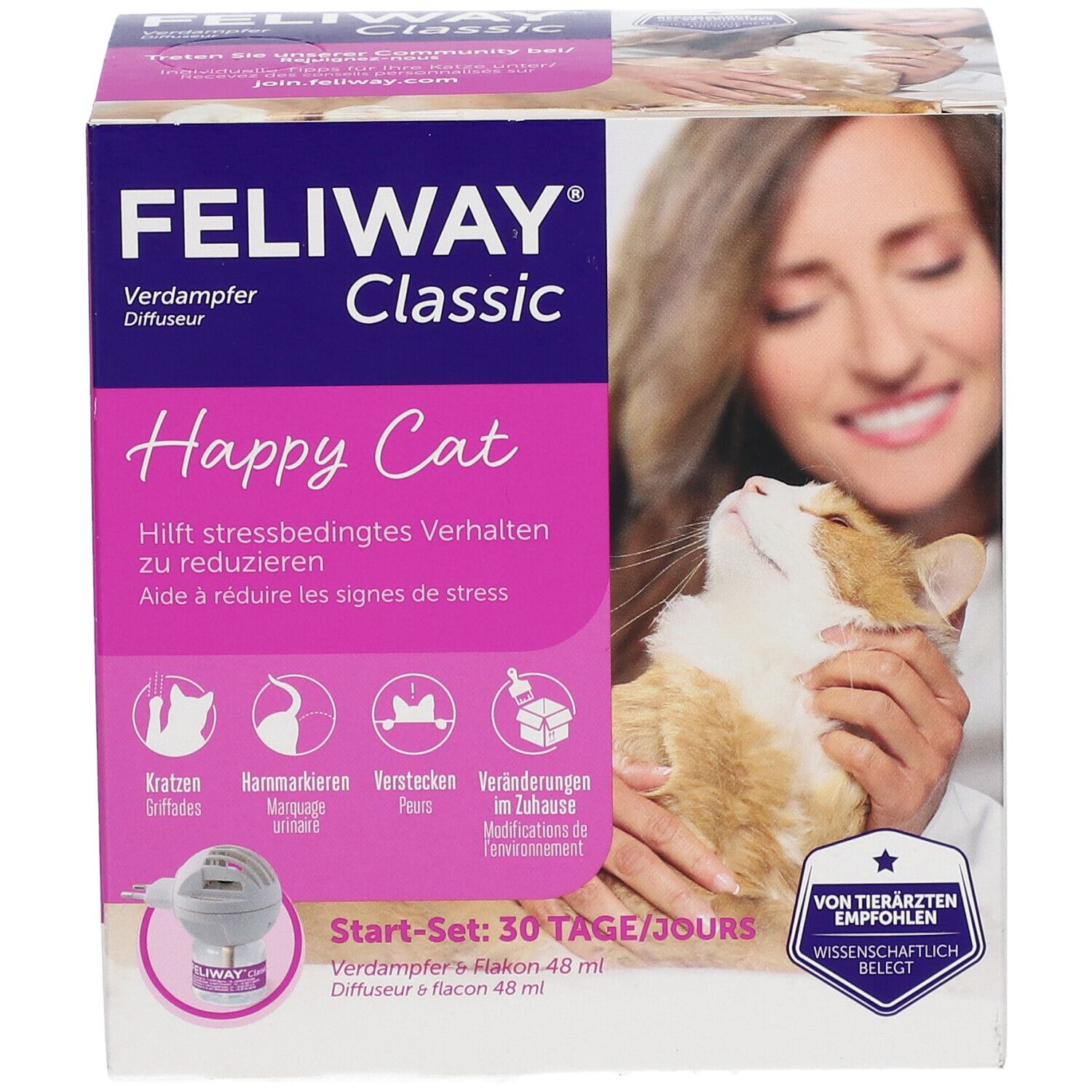 Face avant de l'emballage Feliway Classic Happy Cat : diffuseur, flacon et icônes pour gratter, marquer, se cacher.