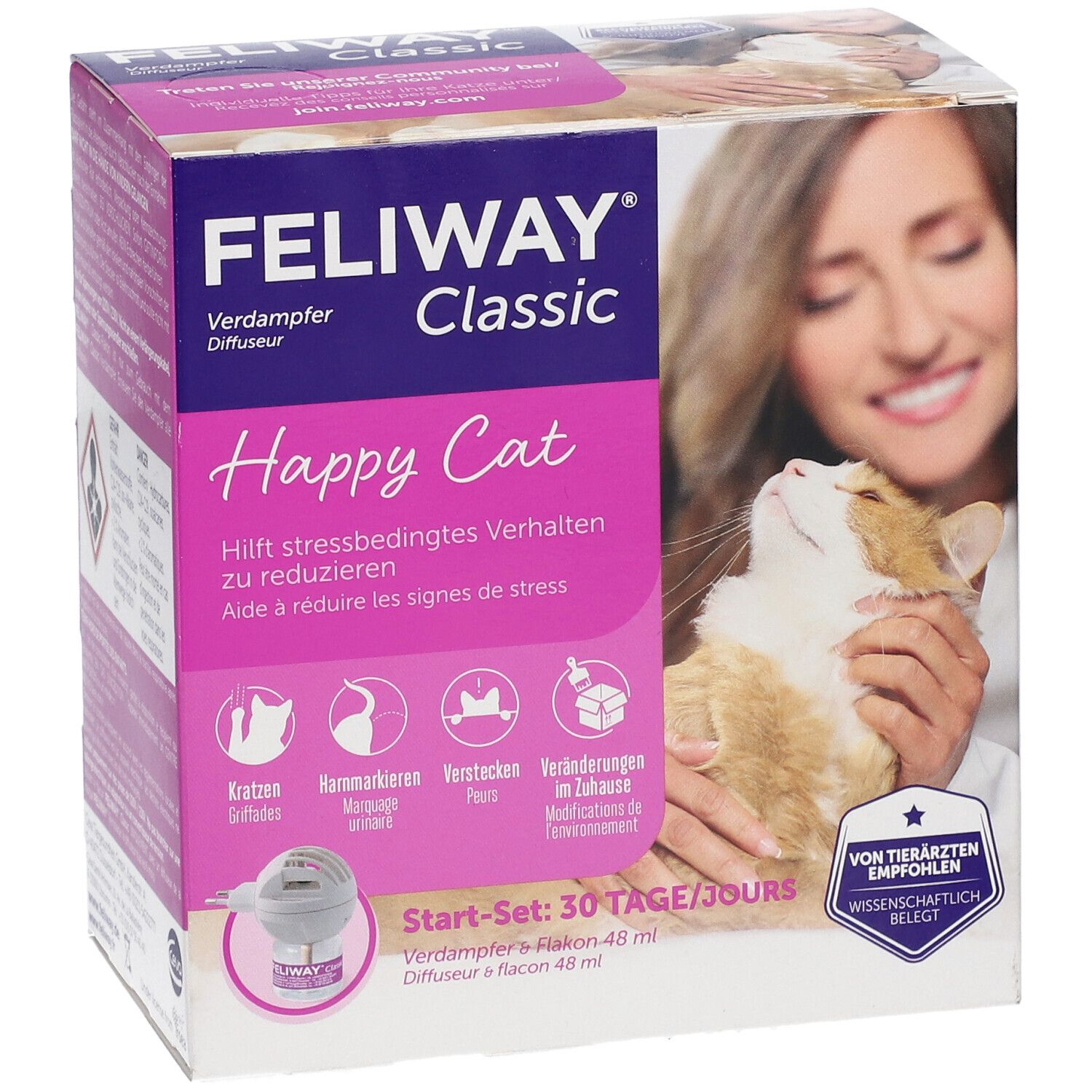 Face avant de l'emballage Feliway Classic Happy Cat avec diffuseur, flacon et sceau 'Recommandé par les vétérinaires'.