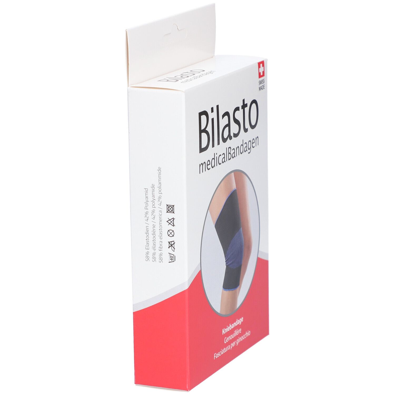 Verpackung der Kniebandage, Marke Bilasto. Medizinische Bandagen. Seitenansicht der Verpackung. Text: Zusammensetzung, Logo.