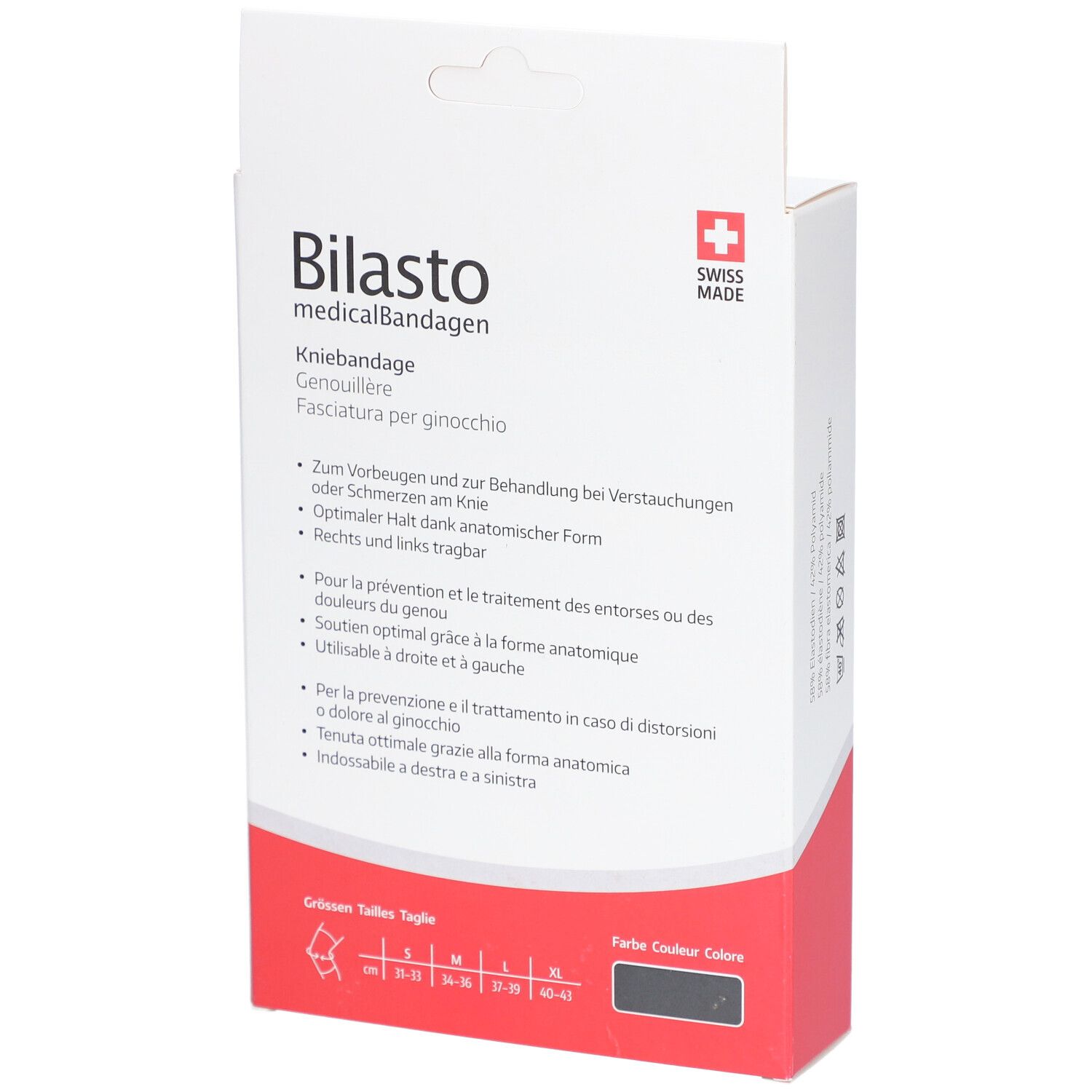 Rückseite der Verpackung der Kniebandage. Marke Bilasto. Text: Anwendung, Größen, Farbe. Schweizer Kreuz.