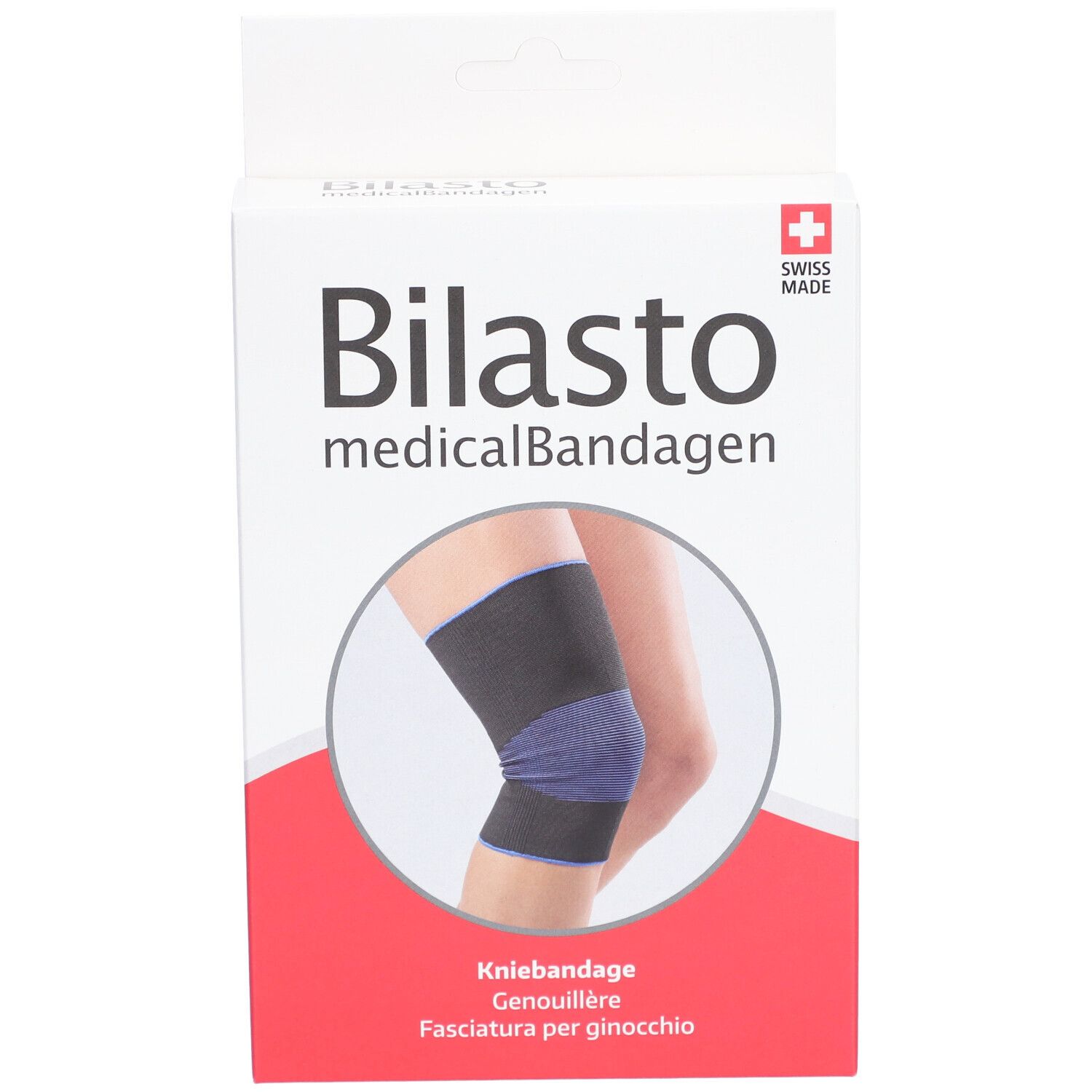 Verpackung der Kniebandage. Marke Bilasto, medizinische Bandagen. Abbildung einer Kniebandage am Bein. Schwarz/Blau.