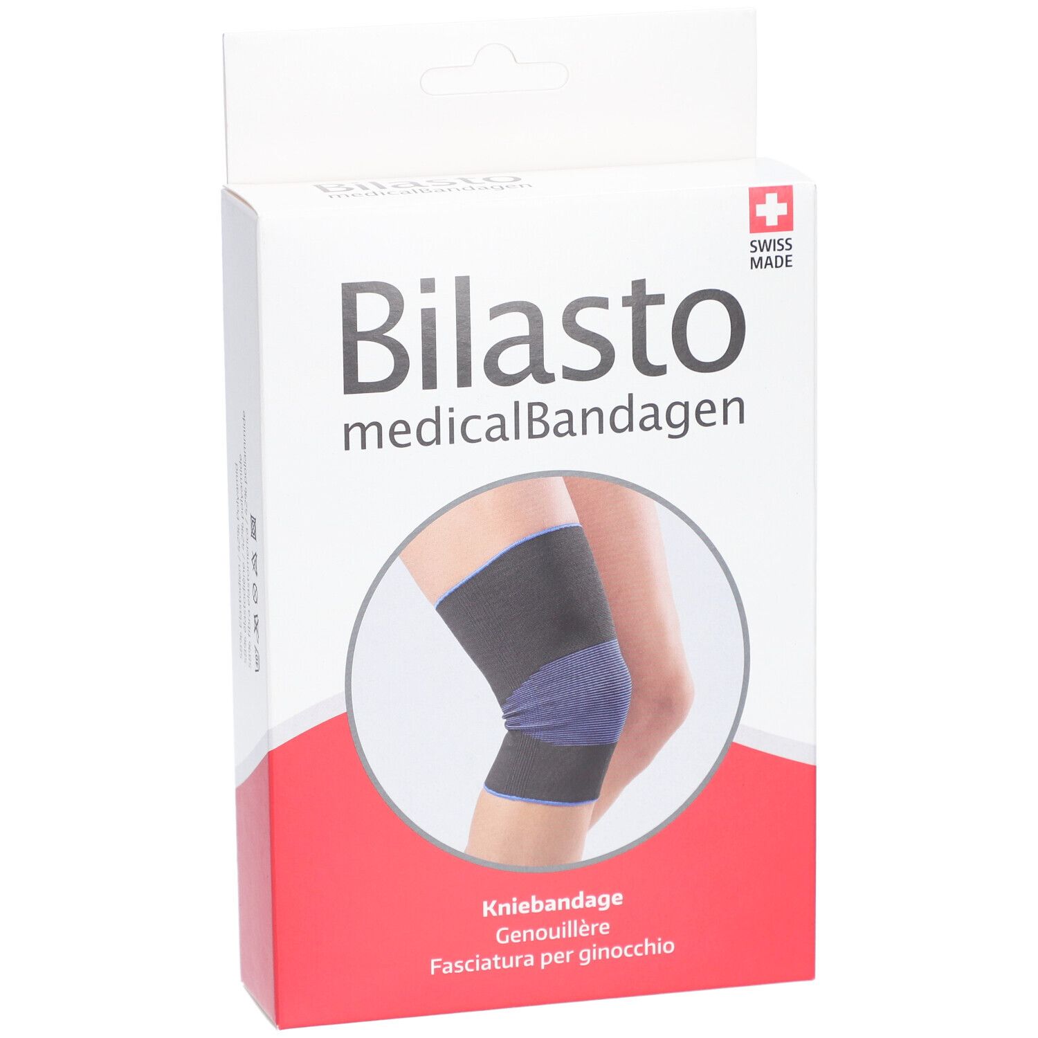 Verpackung der Kniebandage. Marke Bilasto, medizinische Bandagen. Abbildung einer Kniebandage am Bein. Schwarz/Blau.
