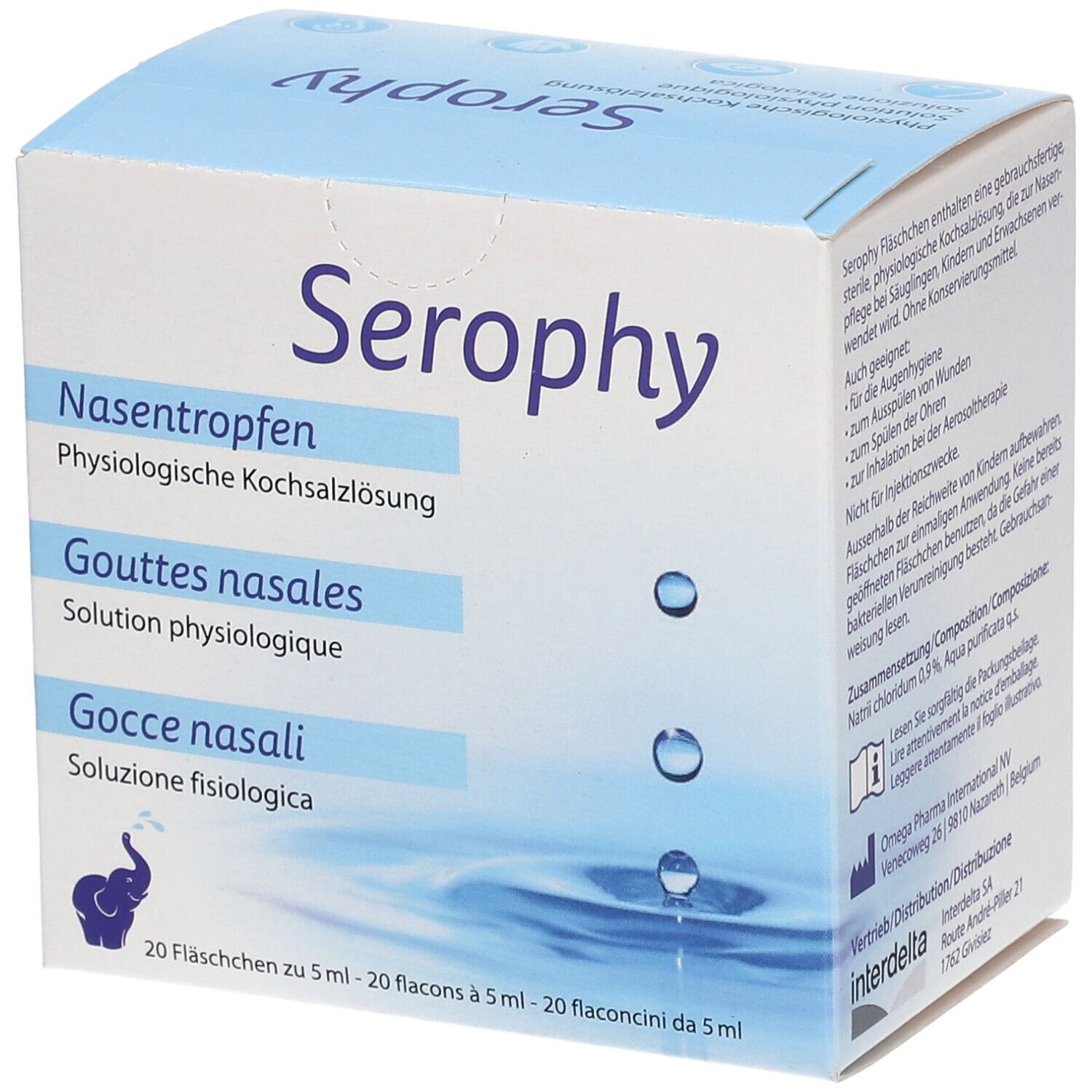 Karton mit "Serophy" Nasentropfen. Enthält 20 Fläschchen. Blaue und weiße Verpackung mit Produktbezeichnungen in Deutsch, Französisch und Italienisch.
