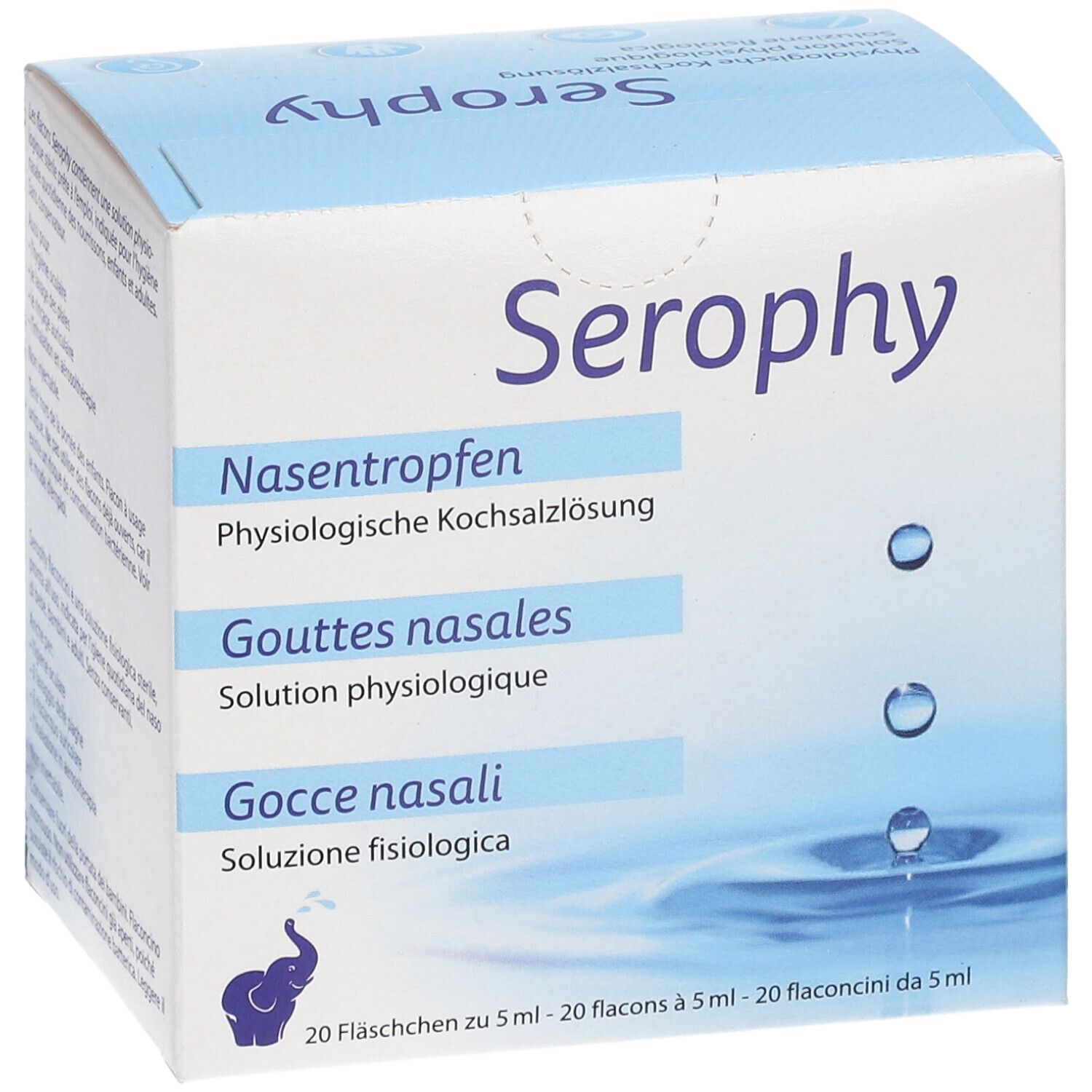 Karton mit "Serophy" Nasentropfen. Produktbezeichnungen in Deutsch, Französisch und Italienisch. 20 Fläschchen. Blau-weiße Verpackung.