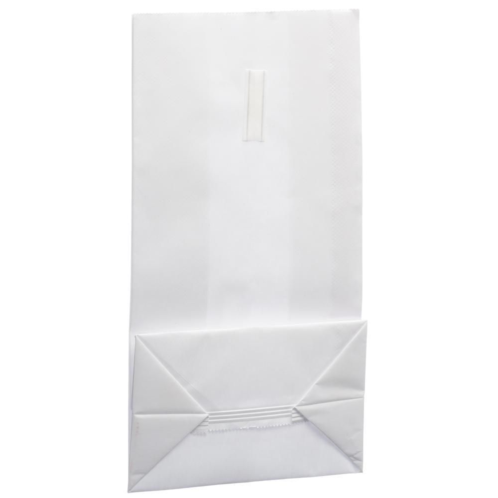 Weißer Beutel, gefaltet am Boden. Klebestreifen oben. Papier, PE-beschichtet.