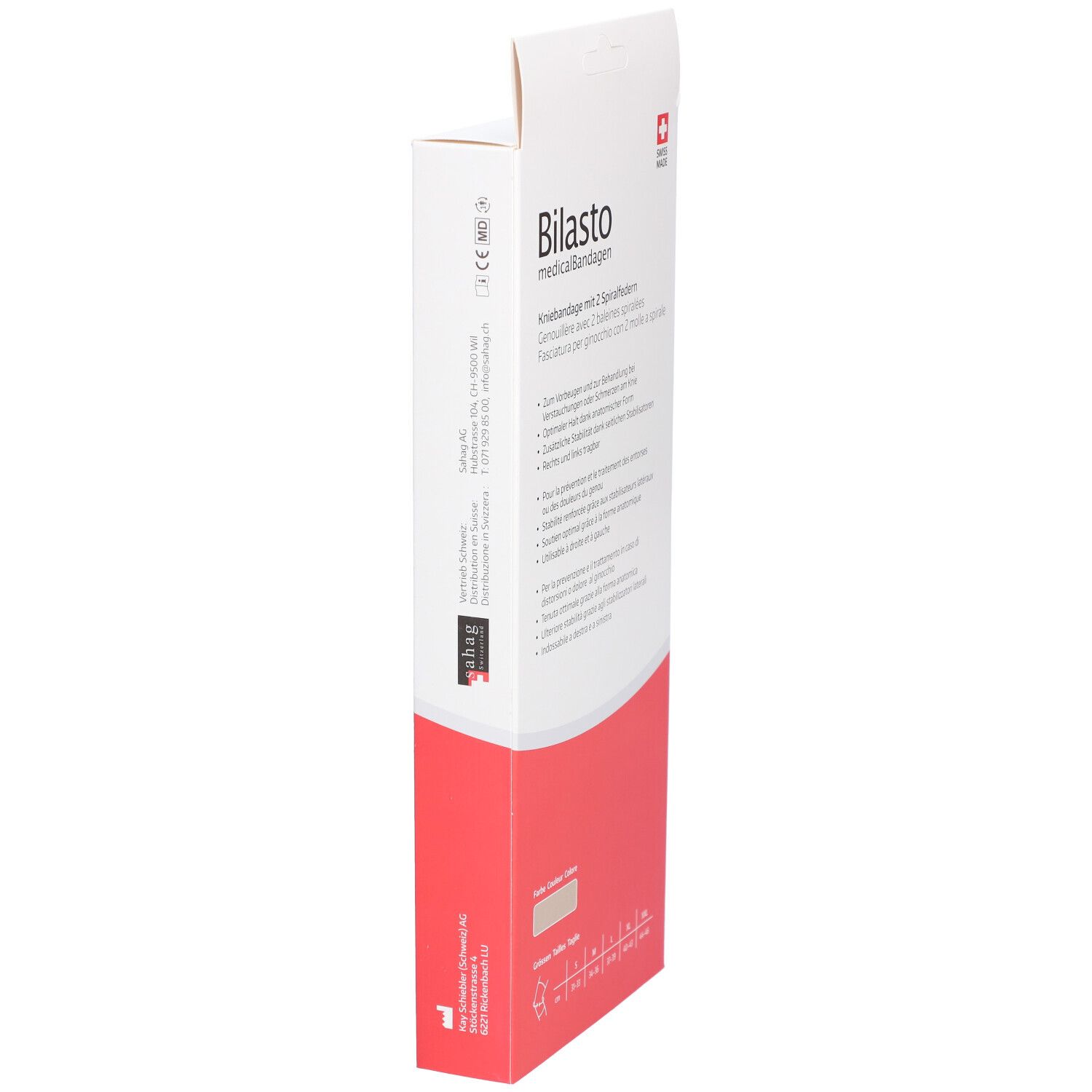 Côté de l'emballage du bandage genou BILASTO. Texte et logo. Logo Swiss Made.