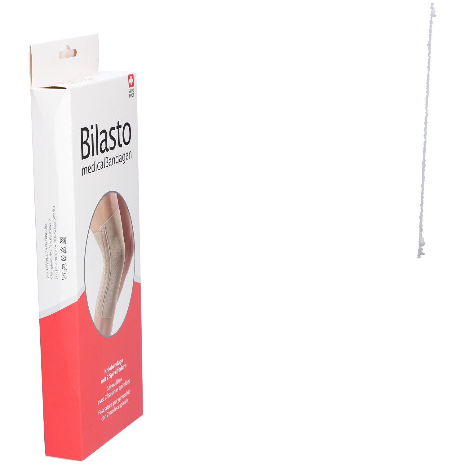 Emballage de genouillère en biais. Inscription: Bilasto medicalBandagen. Couleurs rouge et blanc. Swiss Made.