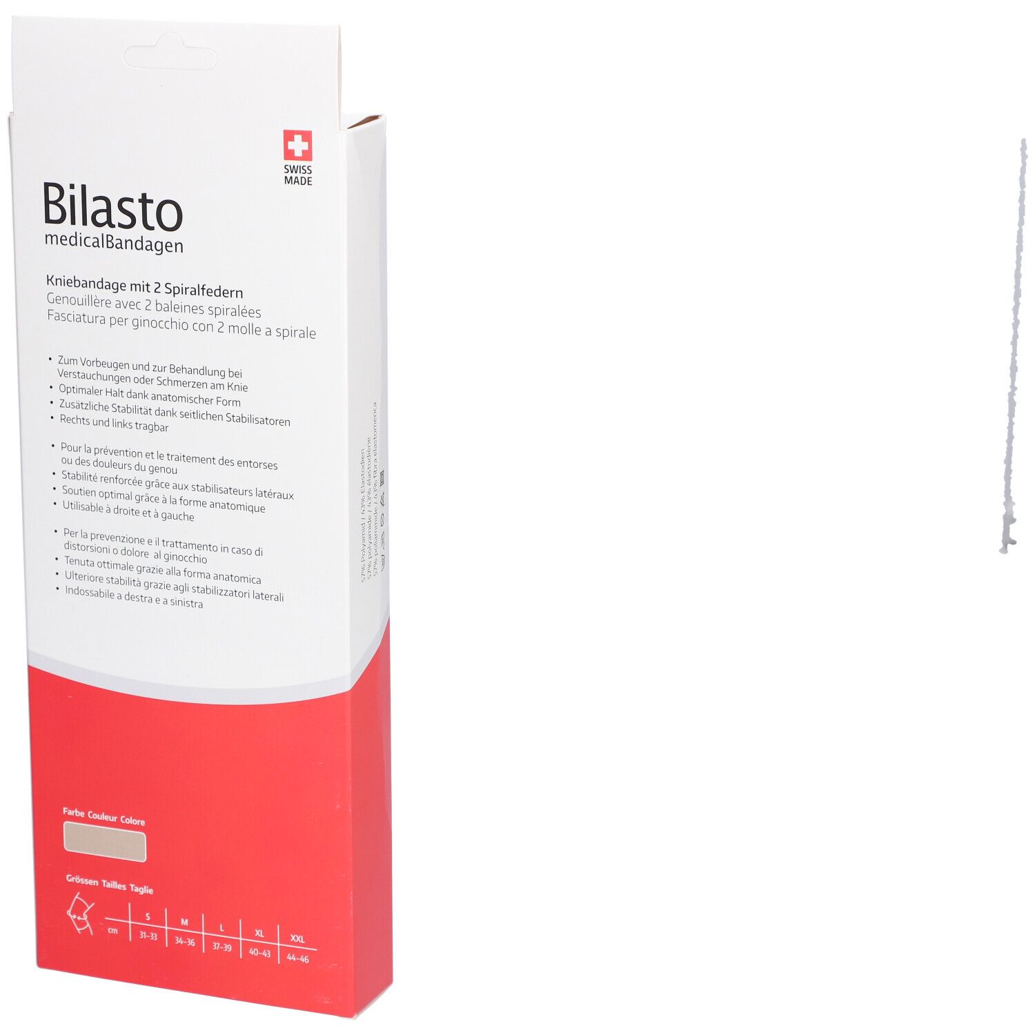 Emballage de genouillère, dos. Inscription: Bilasto medicalBandagen, indications de taille. Swiss Made.