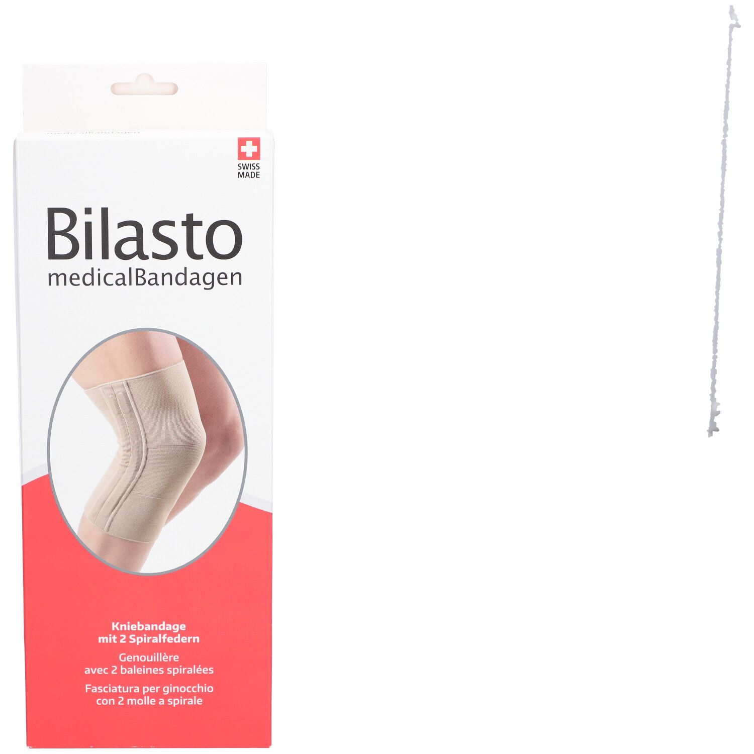 Emballage de genouillère. Inscription: Bilasto medicalBandagen, genouillère avec 2 ressorts hélicoïdaux. Swiss Made.