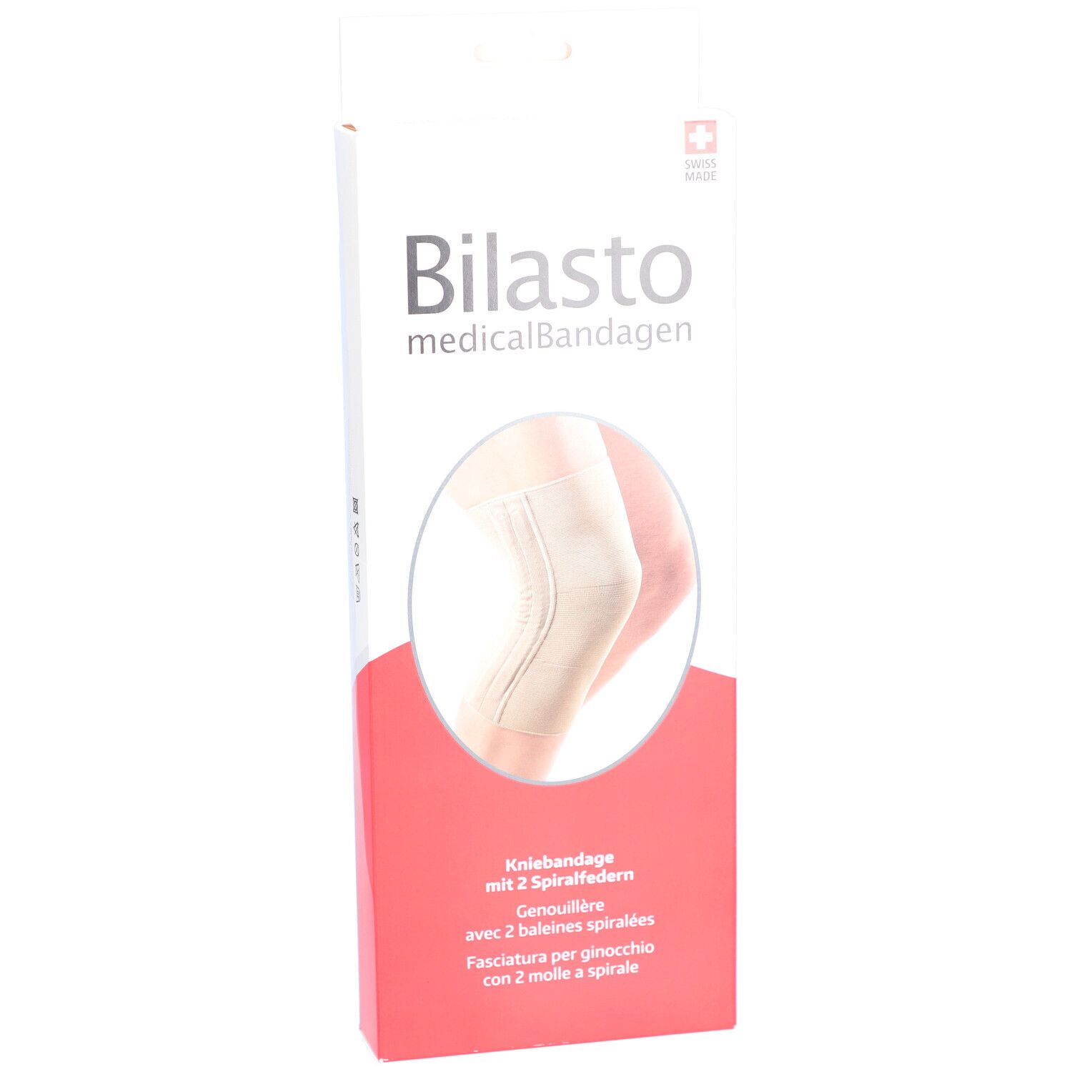 Emballage de genouillère. Inscription: Bilasto medicalBandagen, genouillère avec 2 ressorts hélicoïdaux. Swiss Made.
