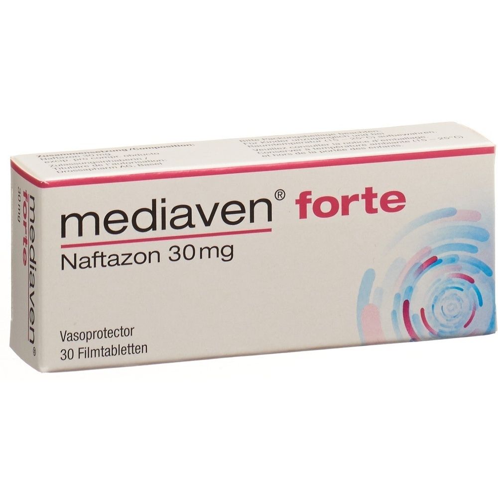 Kartonverpackung mit der Aufschrift "mediaven forte". Sichtbar sind auch die Angaben "Filmtabl 30 mg" und "30 Stk".