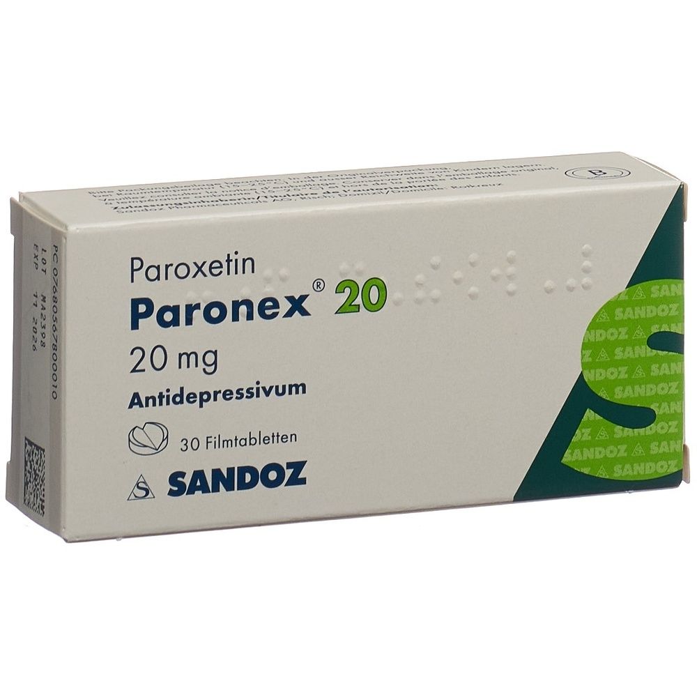 Schachtel mit PARONEX Filmtabl 20 mg. Weiße Schachtel mit grünen und grauen Akzenten. Text: PARONEX, 20 mg, 30 Stk.