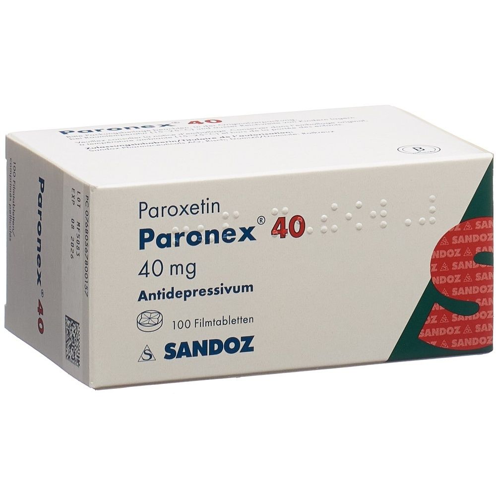 Kartonverpackung mit rotem Blumendesign. Aufschrift: PARONEX 40 mg Filmtabl. 100 Stk. Arzneimittel. Weiß, rechteckig.