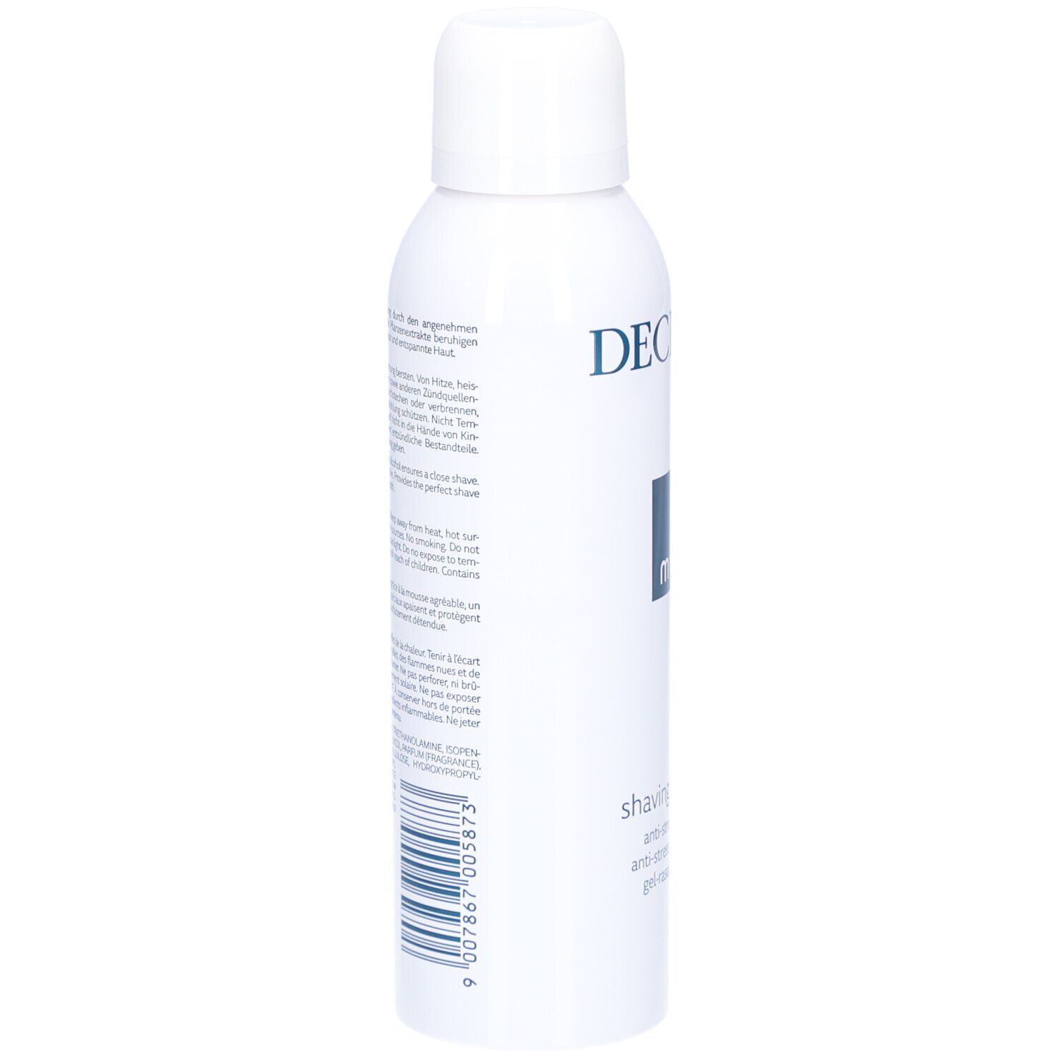 Weißes Rasiergel-Fläschchen, Seitenansicht. Text und Barcode auf der Rückseite. DECLARÉ-Logo sichtbar.