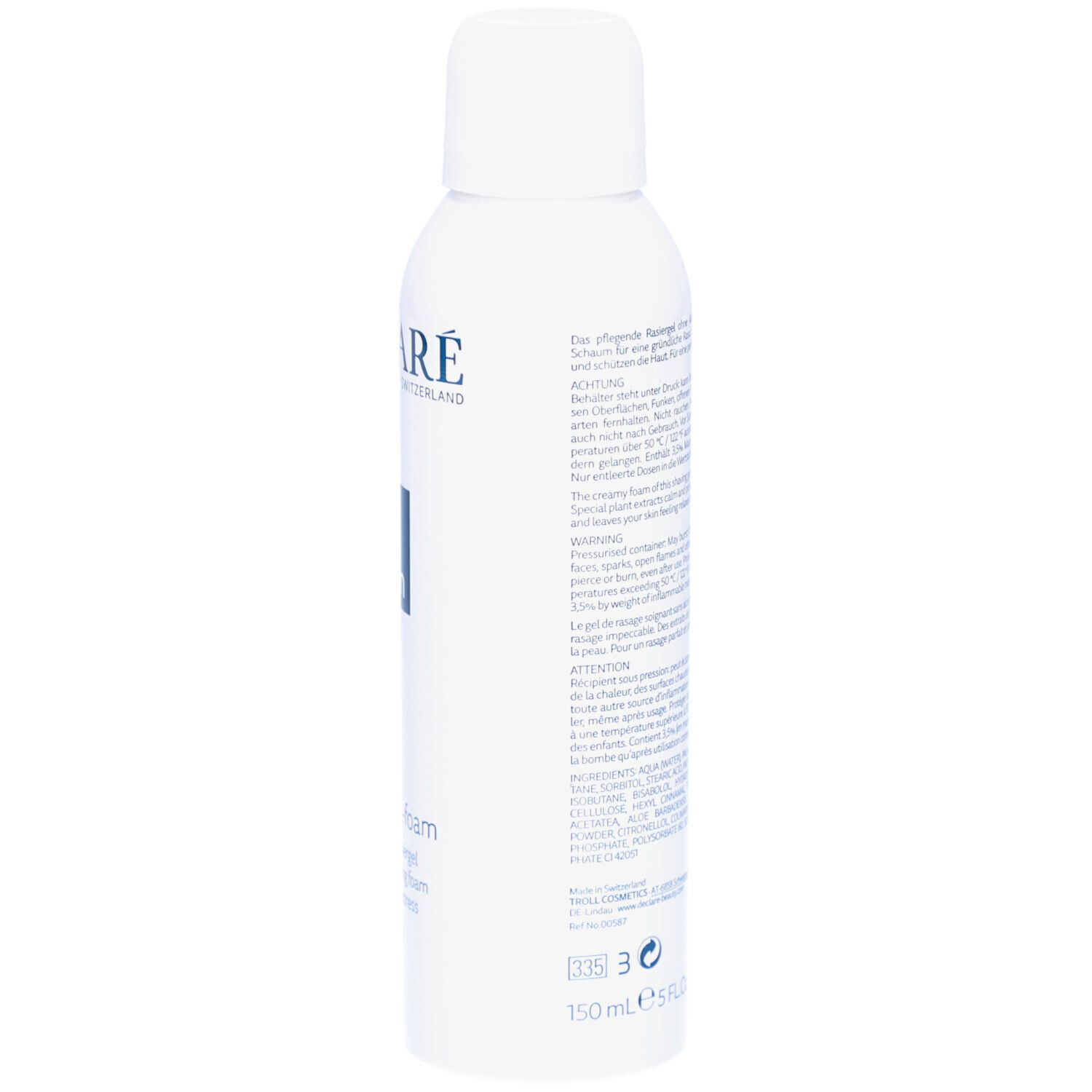 Weißes Rasiergel-Fläschchen, Seitenansicht. Text auf der Rückseite. DECLARÉ-Logo und Mengenangabe: 150 ml.