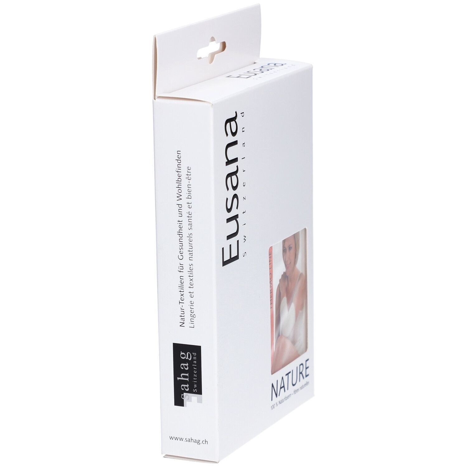 Vue latérale de l'emballage. Marque Eusana, texte "NATURE". Produit: EUSANA Chauffe-Coude Thermo L Ivoire.