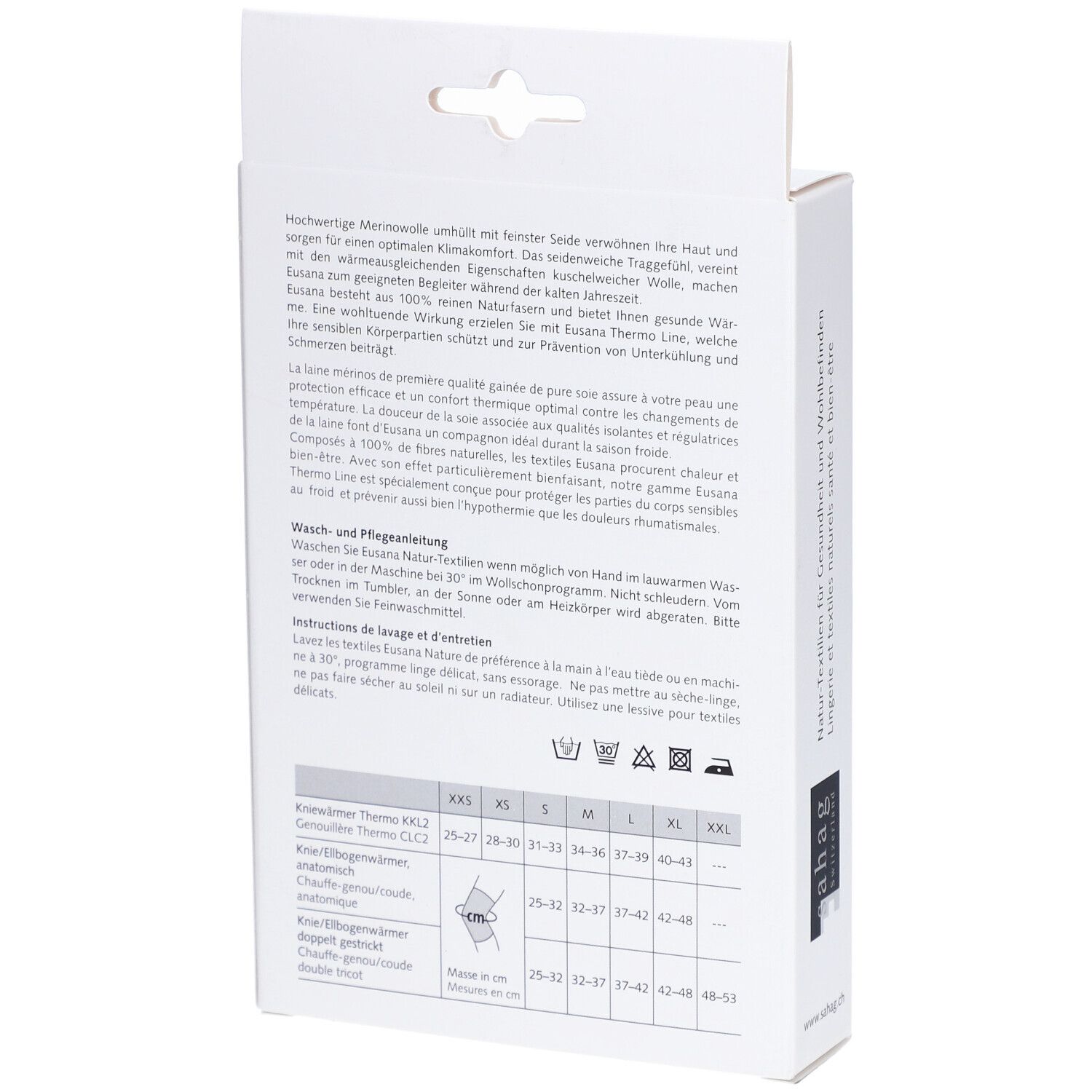 Dos de l'emballage. Informations textuelles, tableau des tailles. Produit: EUSANA Chauffe-Coude Thermo L Ivoire.