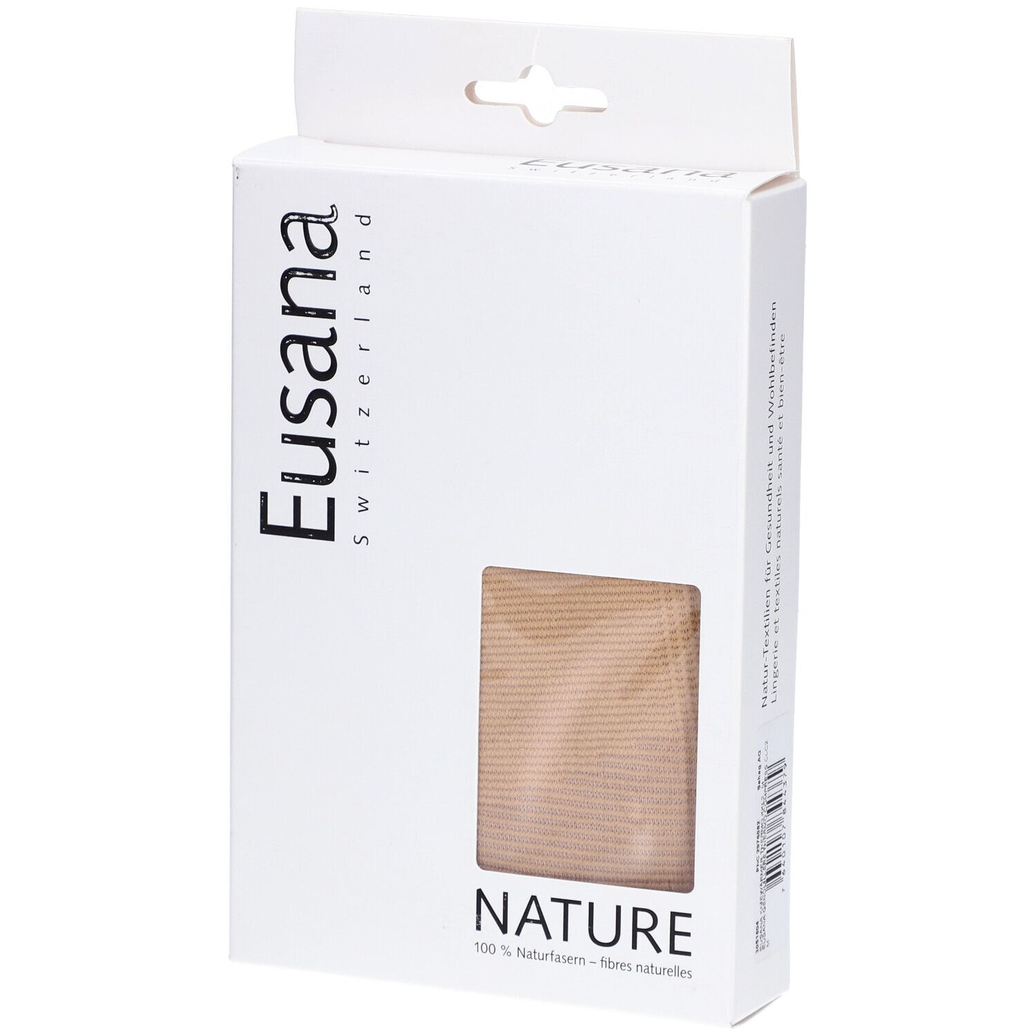 Verpackung mit Sichtfenster. Marke Eusana, Schriftzug NATURE, 100% Naturfasern. Beige Produkt sichtbar.