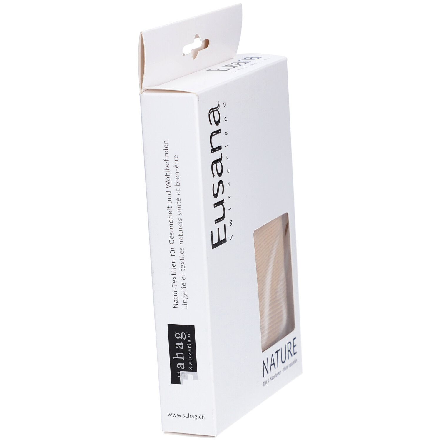 Verpackung, Marke Eusana. Sichtfenster mit beige Produkt. Text: Natur-Textilien für Gesundheit und Wohlbefinden.