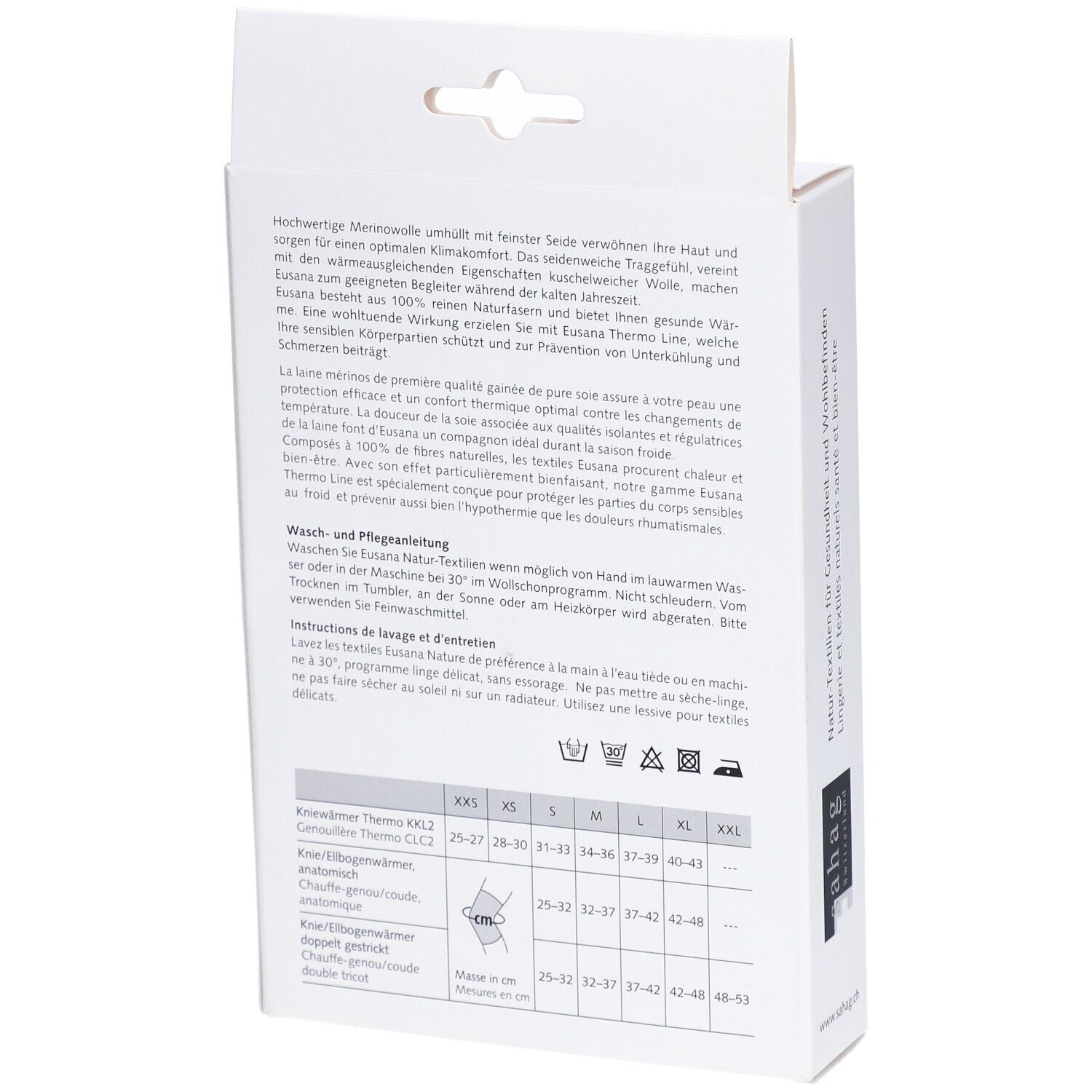 Rückseite der Verpackung. Text: Hochwertige Merinowolle, Wasch- und Pflegehinweise, Größentabelle für Kniebandage.