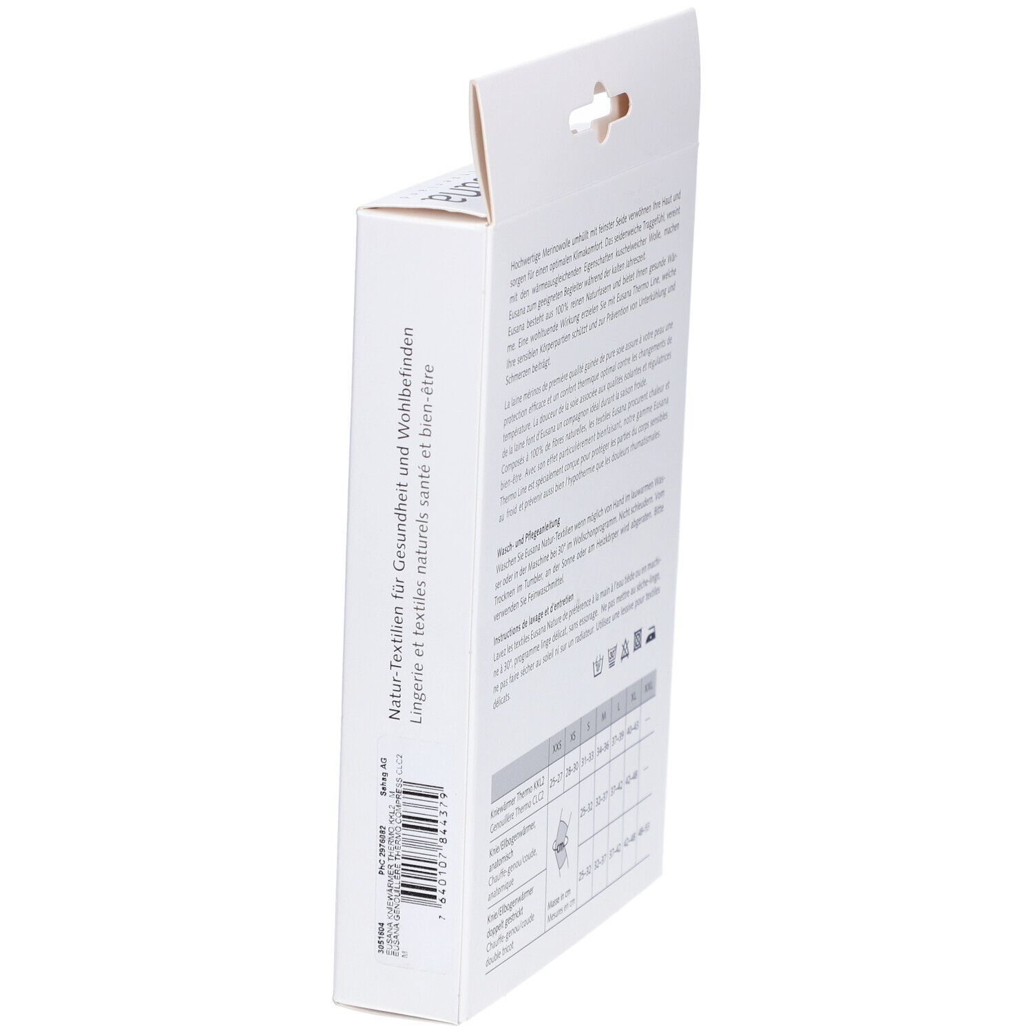Verpackung, Marke Eusana. Text: Natur-Textilien für Gesundheit und Wohlbefinden. Größentabelle für Kniebandage.