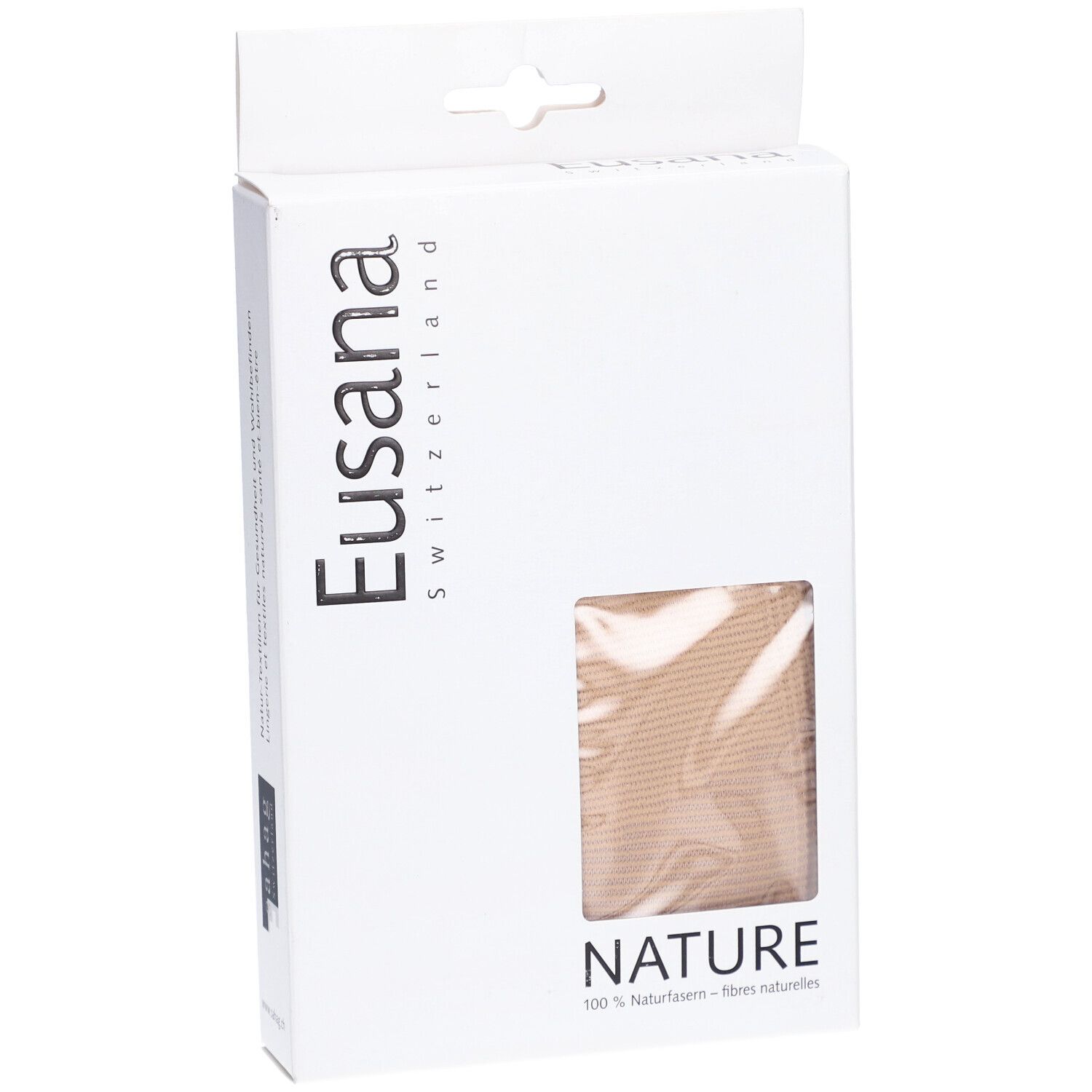 Verpackung mit Sichtfenster. Marke Eusana, Schriftzug NATURE, 100% Naturfasern. Beige Produkt sichtbar.