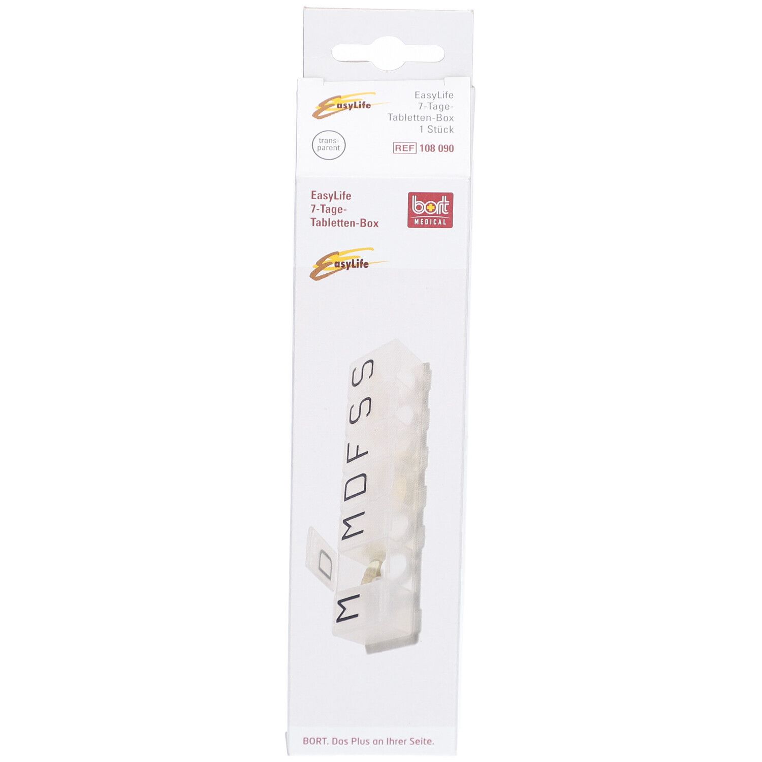 Weiße Tablettenbox in Verpackung. Text: EasyLife 7-Tage-Tablettenbox, BORT medical.