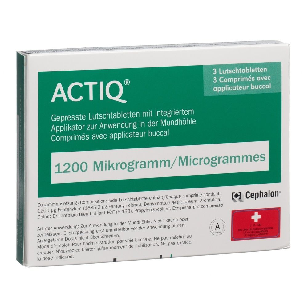 Verpackung mit ACTIQ Lutschtabletten. Enthält 3 Tabletten mit Applikator. Aufschrift: 1200 Mikrogramm. Grün-weißes Design.