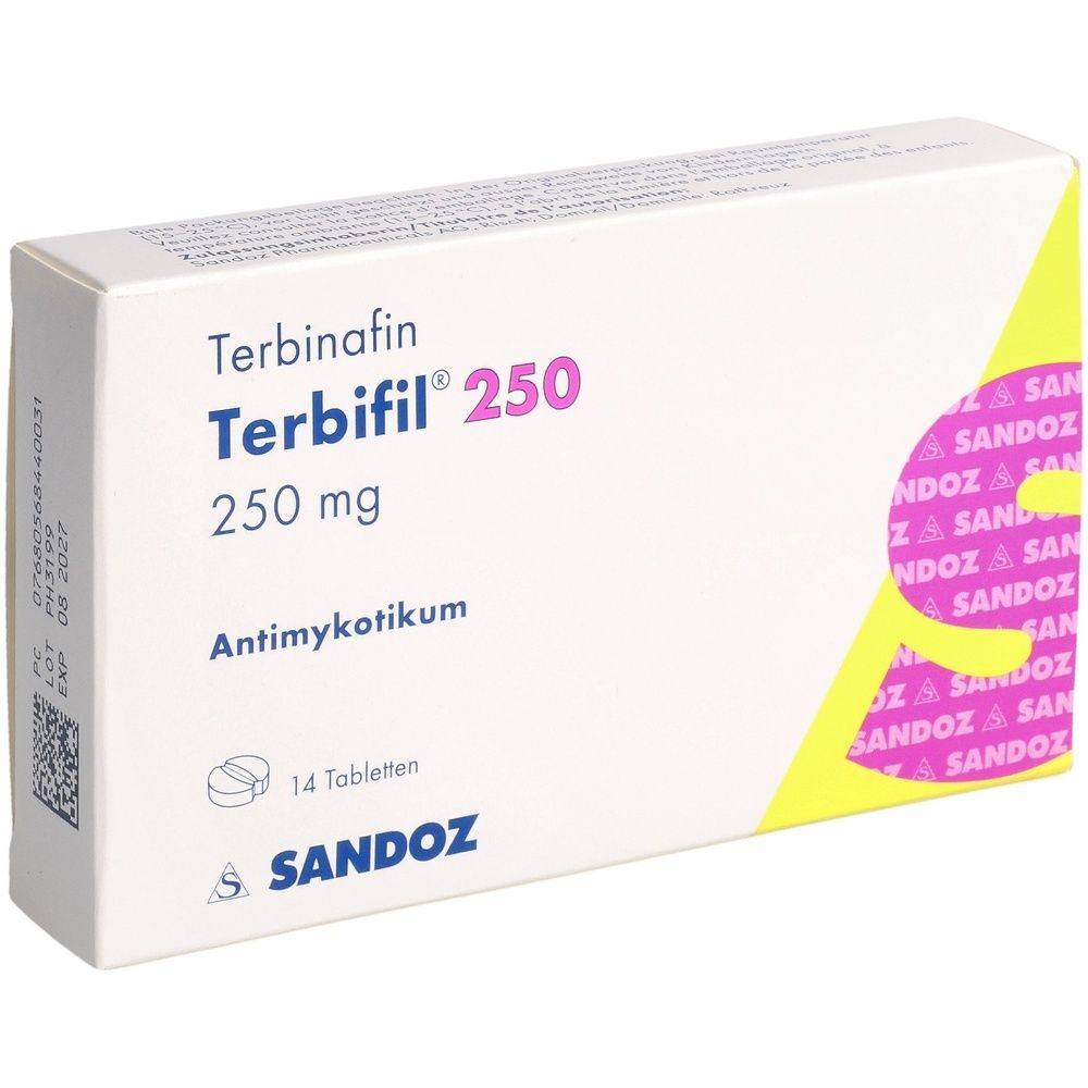 Kartonpackung mit Produktinformationen. Aufschrift: Terbifil 250 mg, 14 Stk. Farbgebung: Weiß, Rosa, Gelb.