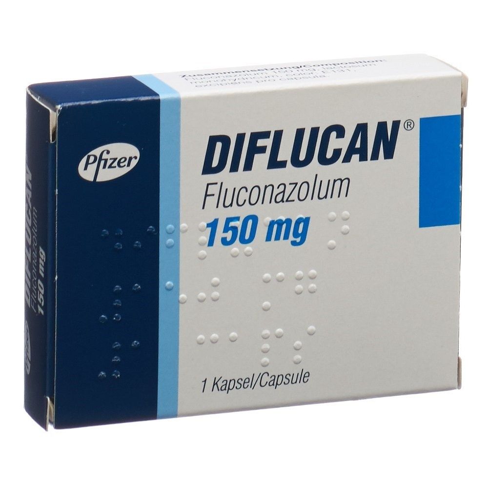 Schachtel mit "DIFLUCAN Fluconazolum 150 mg". Blaue und weiße Verpackung. Pfizer-Logo. 1 Kapsel/Capsule.