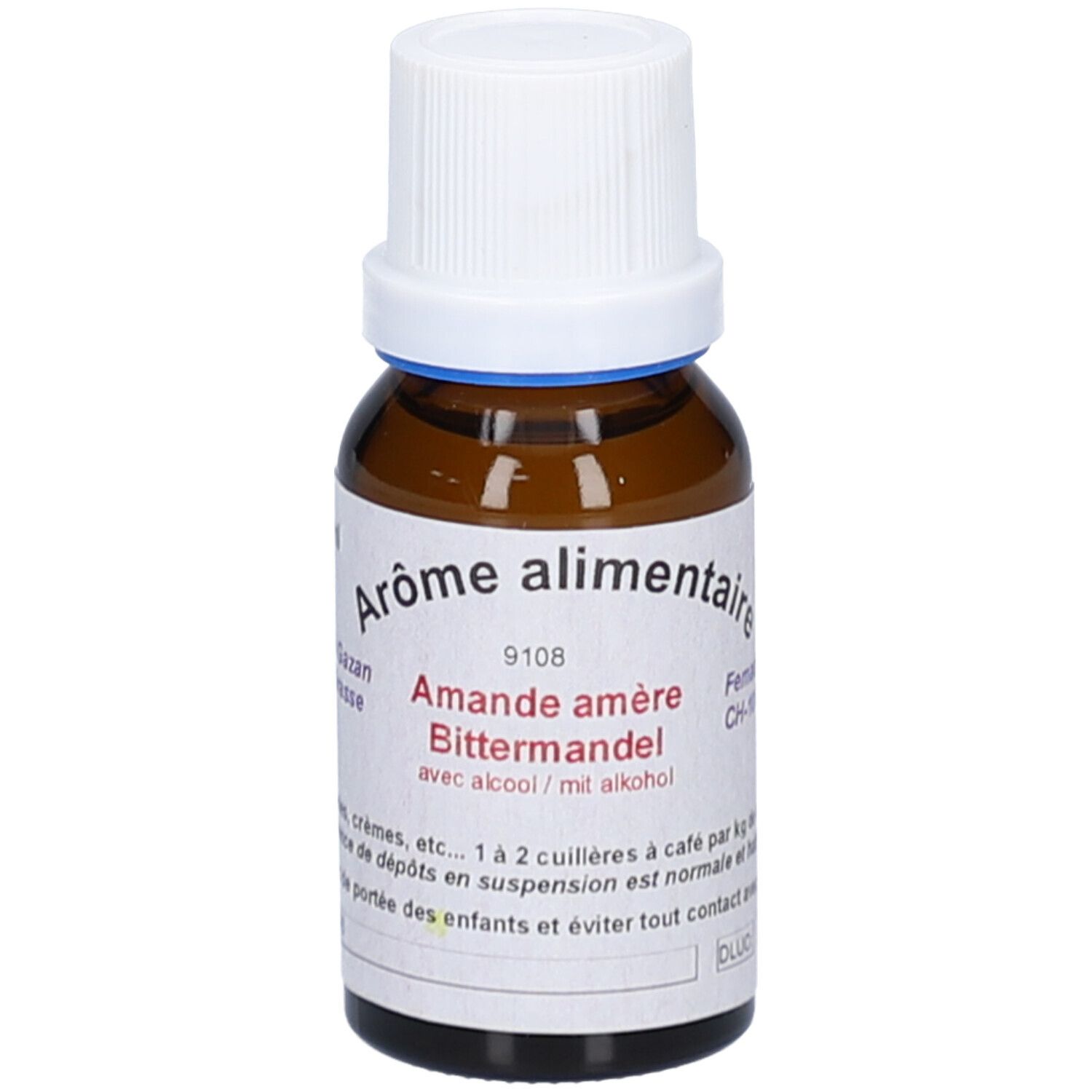 Braune Glasflasche mit weißem Deckel. Etikett mit Text: Aromen, Bittermandel, mit Alkohol. Blaue Ring am Flaschenhals.