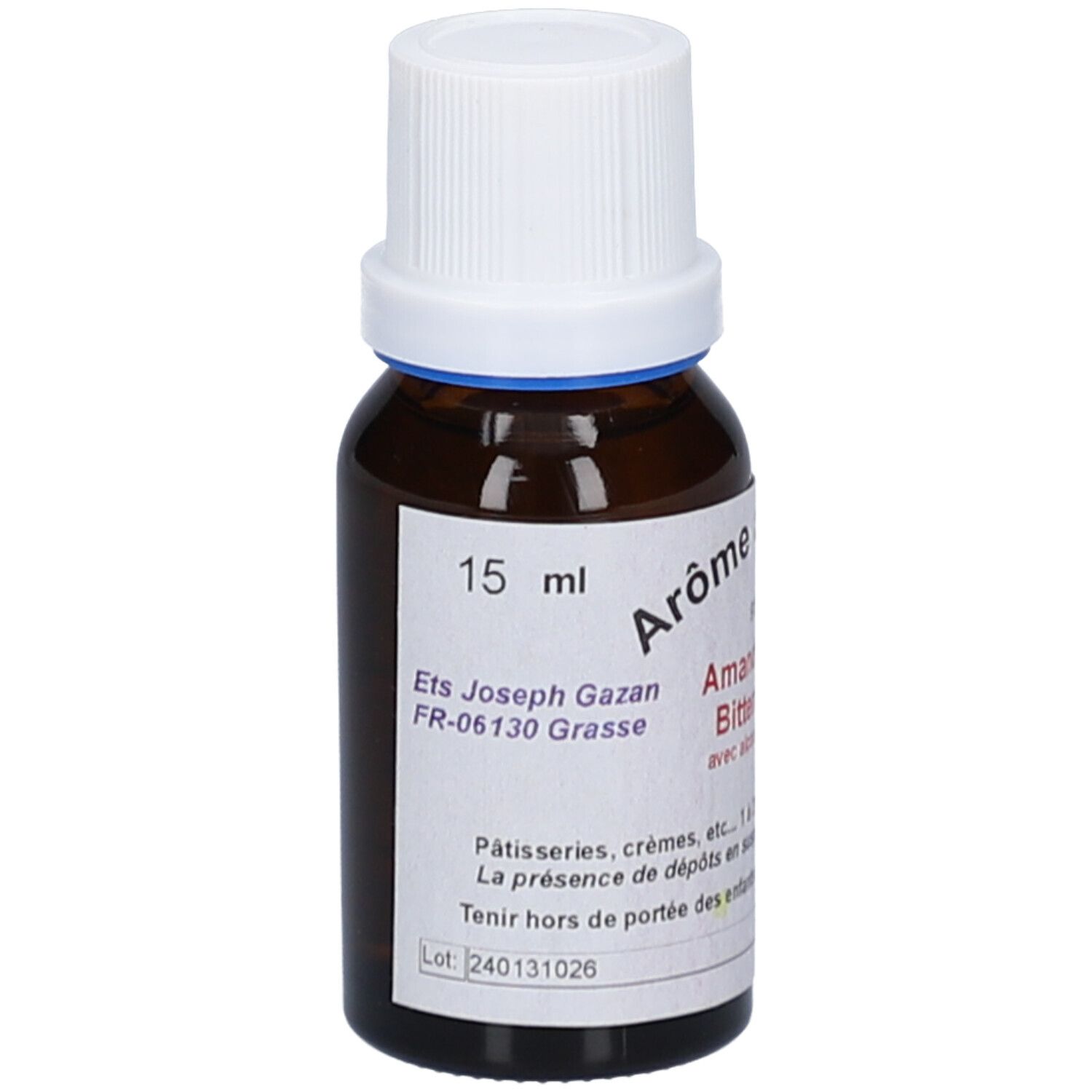 Braune Glasflasche mit weißem Deckel. Etikett mit Text: 15 ml, Aromen, Bittermandel, mit Alkohol. Herstelleradresse.