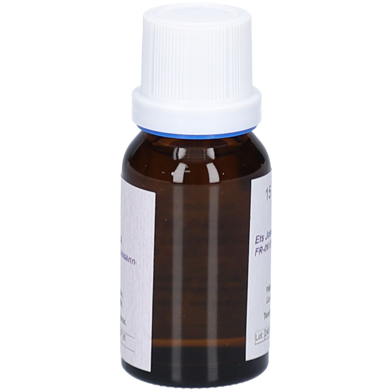 Braune Glasflasche mit weißem Deckel. Etikett mit Text. Flaschenhals mit blauem Ring. Produktansicht von der Seite.