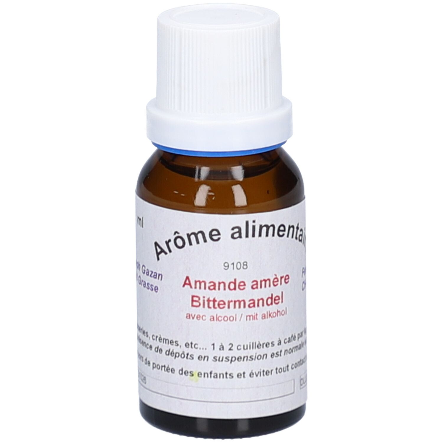 Braune Glasflasche mit weißem Deckel. Etikett mit Text: Aromen, Bittermandel, mit Alkohol. Blaue Ring am Flaschenhals.