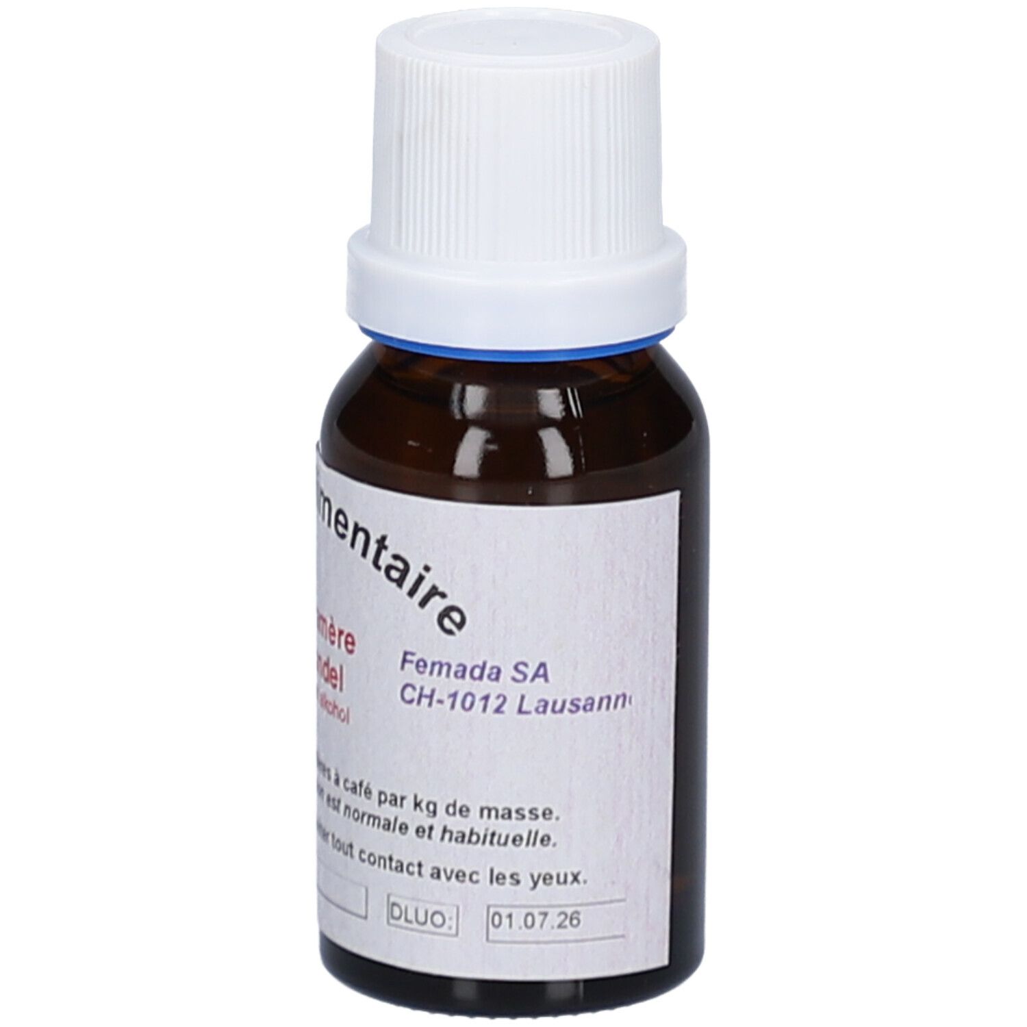 Braune Glasflasche mit weißem Deckel. Etikett mit Text. Flaschenhals mit blauem Ring. Herstelleradresse und Verfallsdatum.