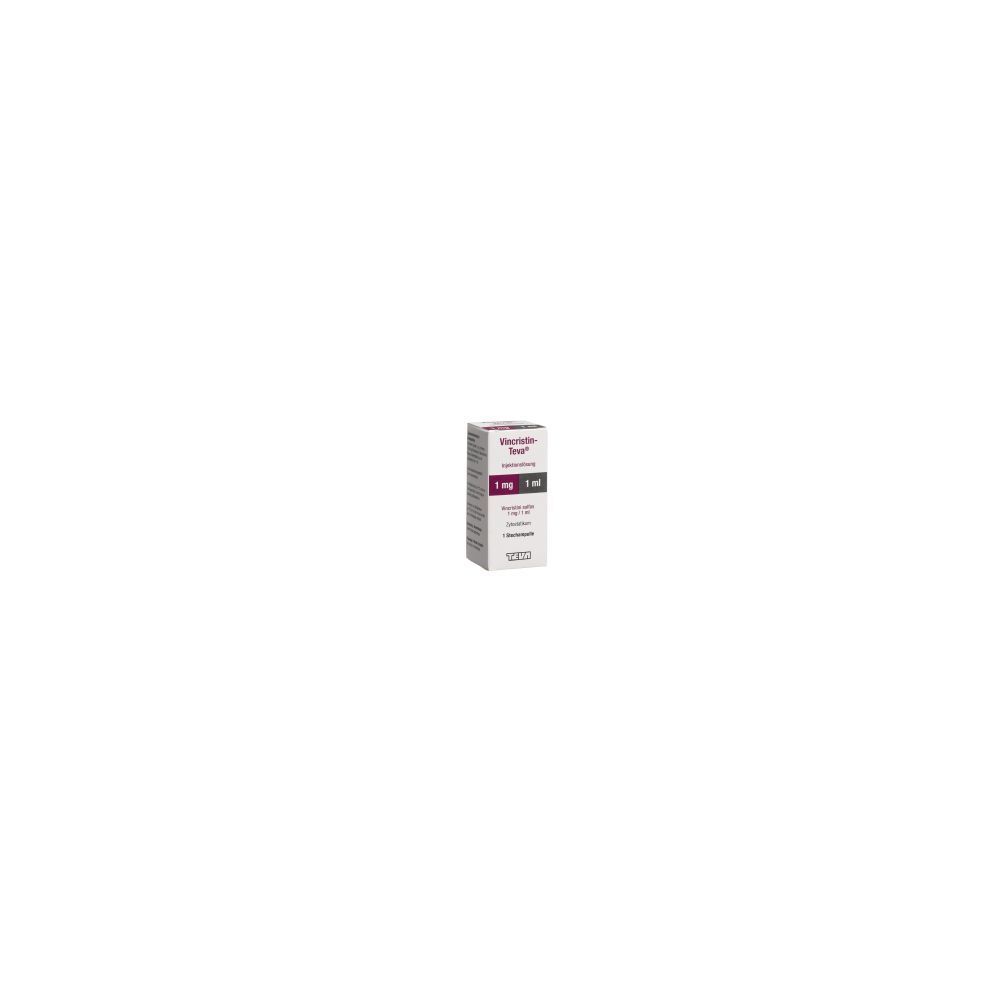 Karton mit Produktinformationen. Aufschrift: Vincristin Teva Inj Lös 1 mg/ml. 1 ml. Farbgebung: Weiß, Lila, Schwarz.